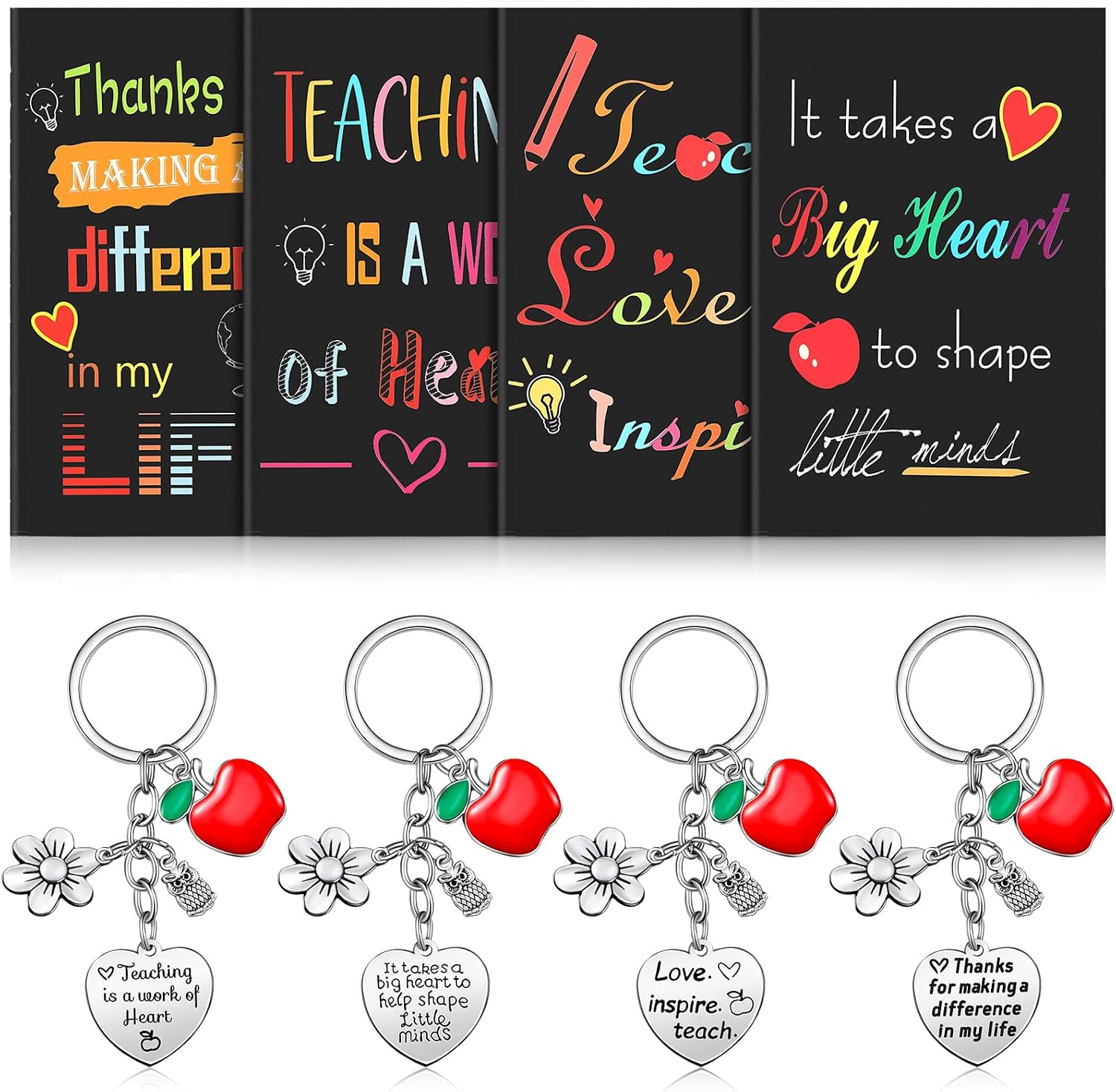 8 Pcs Teacher Gift Set Thank You Keychain Mini Notebook, Heart