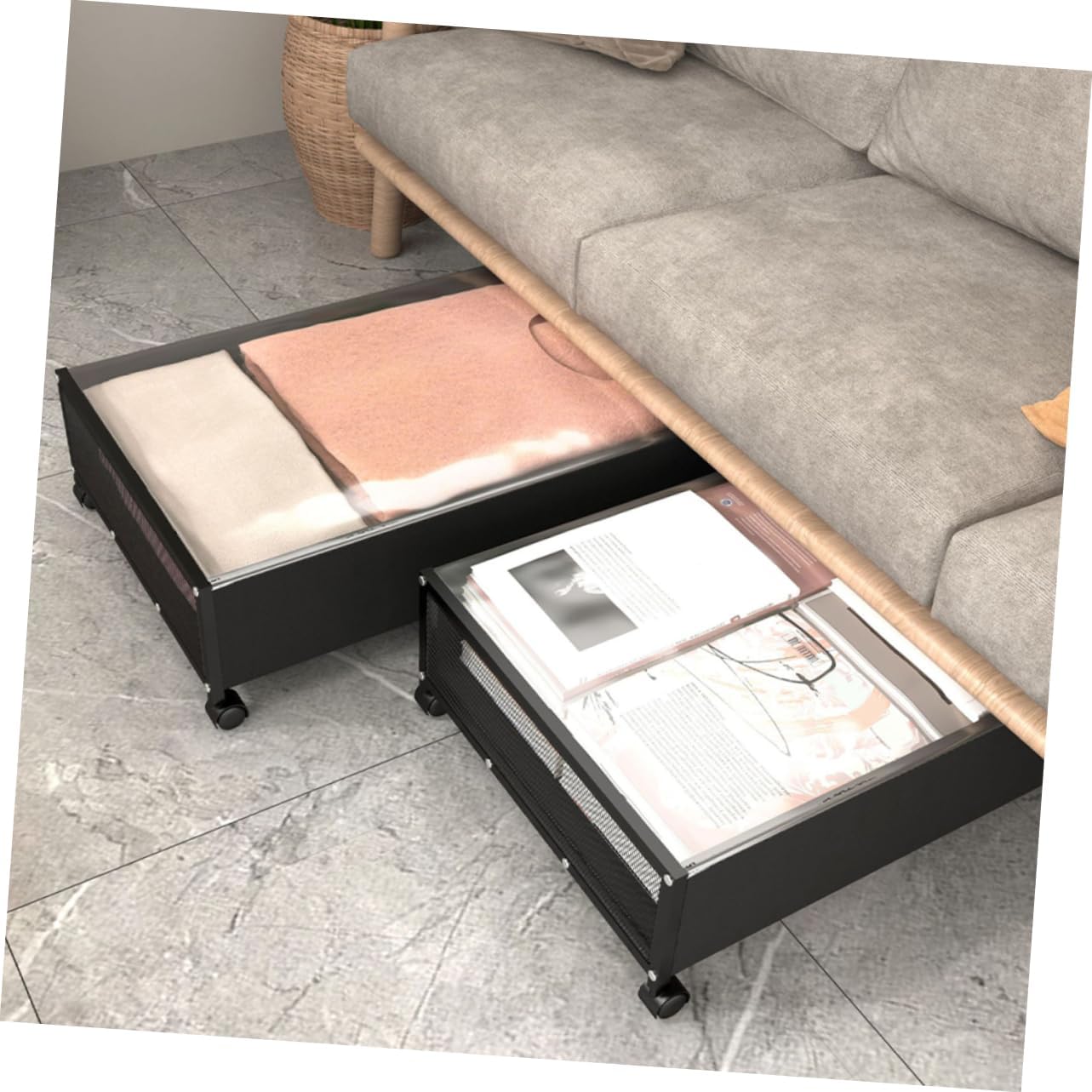 Happyyami Bed Storage Basket Space Saving Organizer Toy Clothes Holder Easy Rollers Black Lid