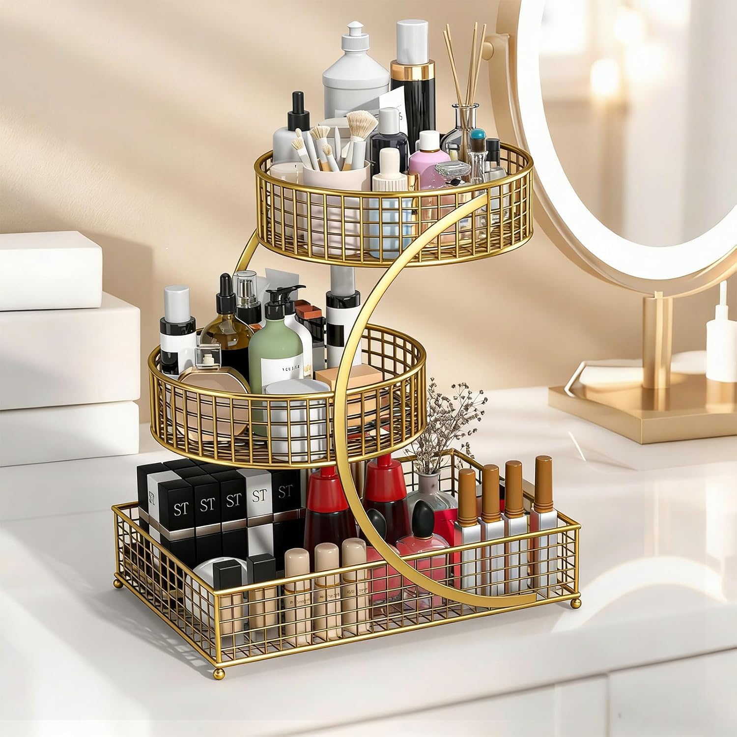 3-Tier Makeup Organizer Countertop for Vanity - Cosmetic & Skincare Storage Rack, Metal Bathroom Counter Organizer, Multi-Purpose Bathroom, Bedroom, Dresser & Kitchen Counter Shelf, Golden