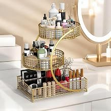 3-Tier Makeup Storage Basket,Multipurpose Metal Bathroom Organizers and Storage,Kitchen Countertop Organizer for perfume/makeup/Vegetables Gold