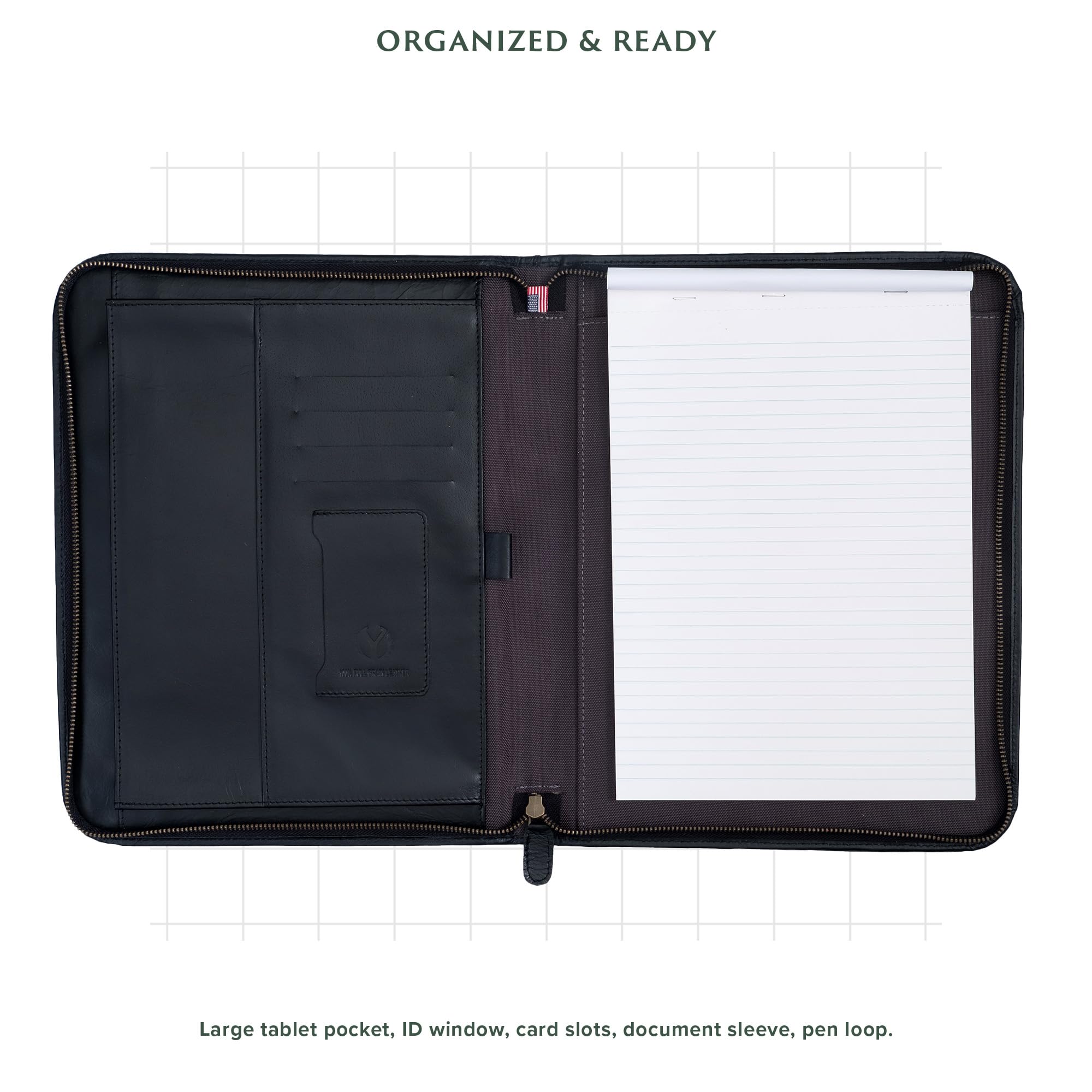 OLDE YORK Portafolio de cuero — Portafolio de cuero para hombres, padfolio para hombre — 100% cuero auténtico de grano superior [cuero negro]