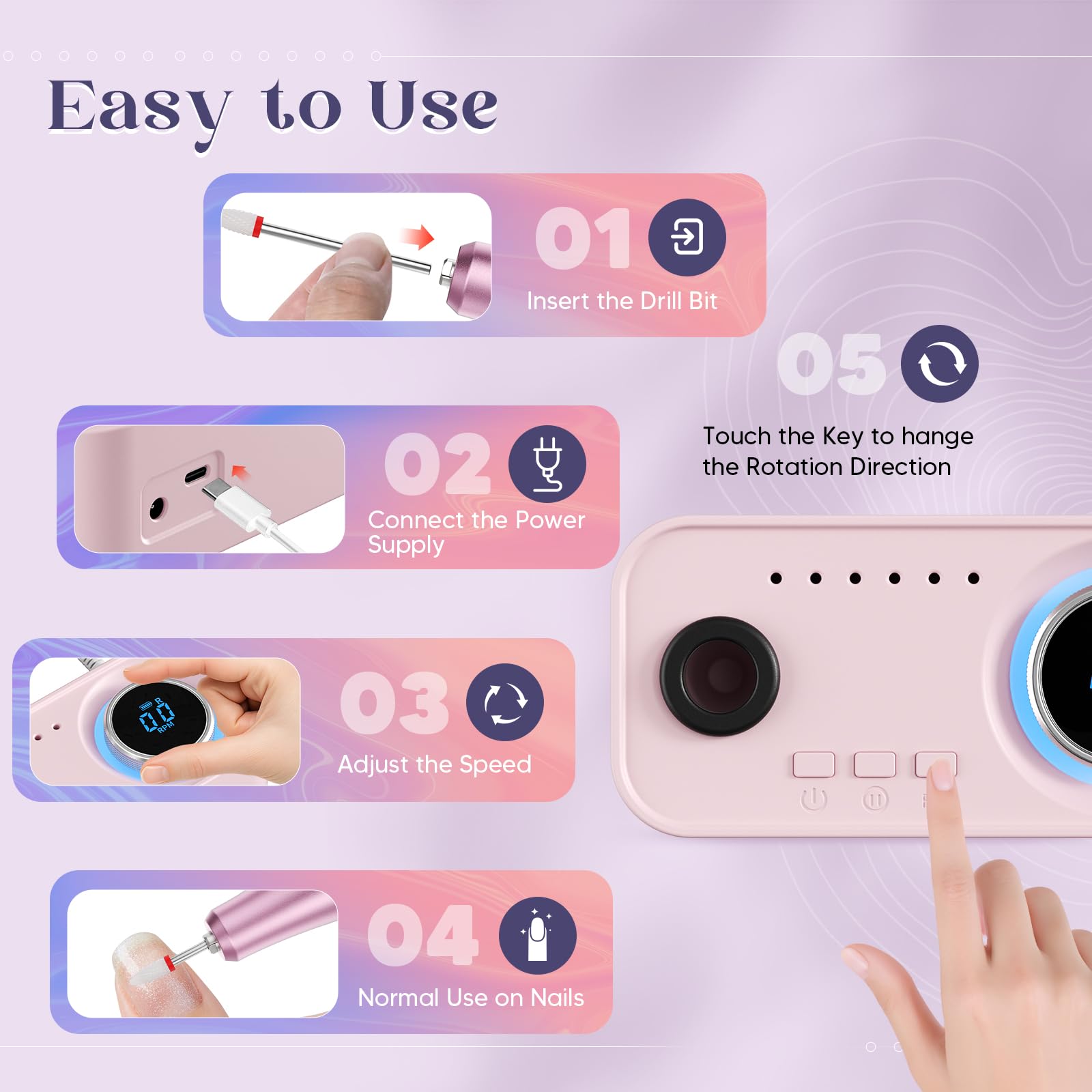 Fresa per Unghie Professionale 36000 RPM, 4000 mAh, Portatile Lima Elettrica per Unghie Con 12 Testine Di Levigatura, Display LCD Ricaricabile Batteria Design, Rotazione Bidirezionale (Rosa)