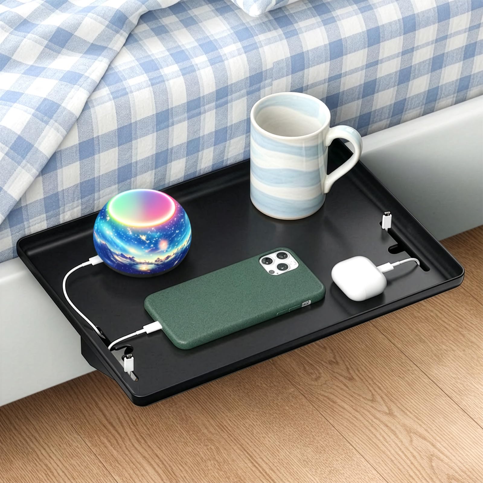 Evergoods Black Bedside Shelf, Bunk Bed Top Bunk, College Dorm Room Essentials, Clip On Nightstand, Bed Side Table Tray Organizer, Room Decor, College Dorm Essentials (Black)