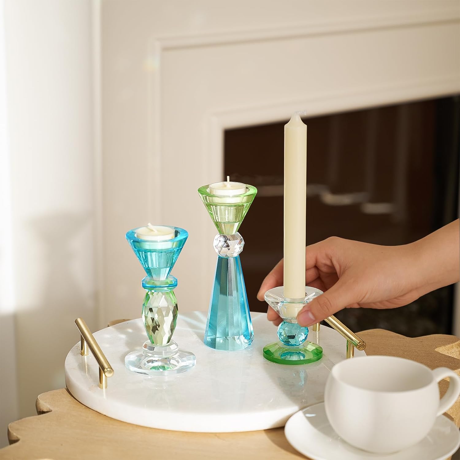 DN DECONATION Glass Candle Holder Set of 3, Candlesticks Holders Blue & Clear Crystal Tealight Candles Holder for Table Centerpiece Wedding Decorations Housewarming Gift Living Room Party