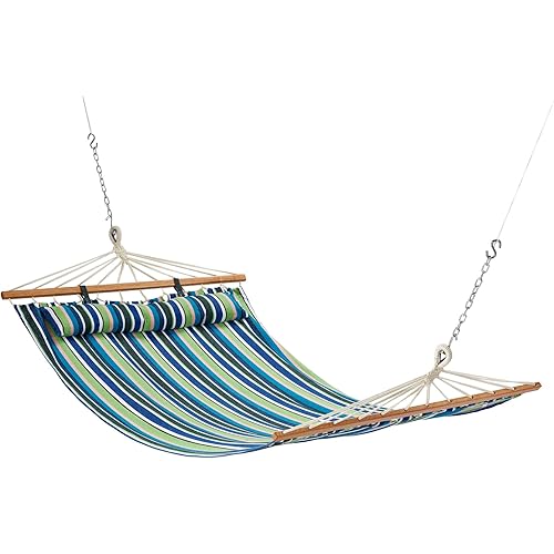 Bliss Hammocks BH-404G 48in Wide Caribbean Hammock w/Pillow, Poolside Patio Backyard Hammock, Includes Straps & Chains, Eco Friendly Polyester & Cotton Blend, 265 Pound Capacity, Candy Stripe