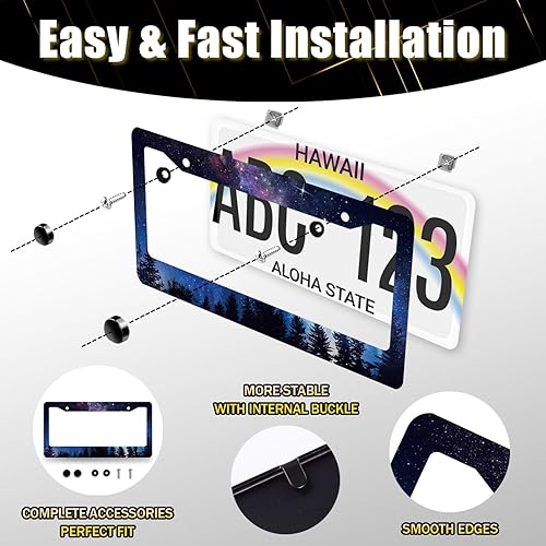 Miniatura 6 de Marco de matrícula de Galaxy Forest, diseño de estrellas espaciales, color azul y morado, personalizable de acero inoxidable colorido, piezas de