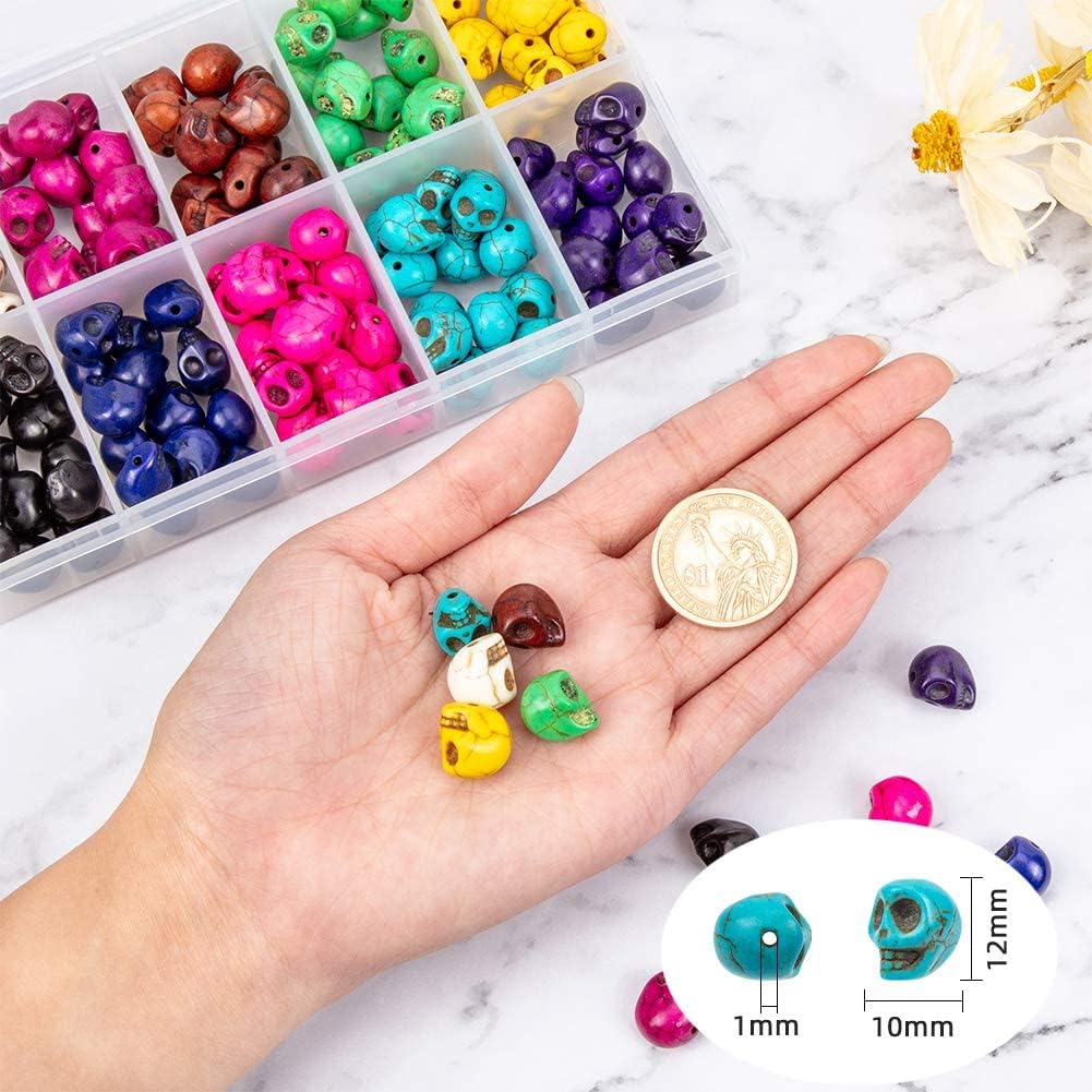 PH PandaHall 150 Pcs 10 Colors Turquoise Dyed Skull Head Loose Spacer Beads Charm for Bracelet Necklace Jewelry DIY Craft Making Halloween Decoration