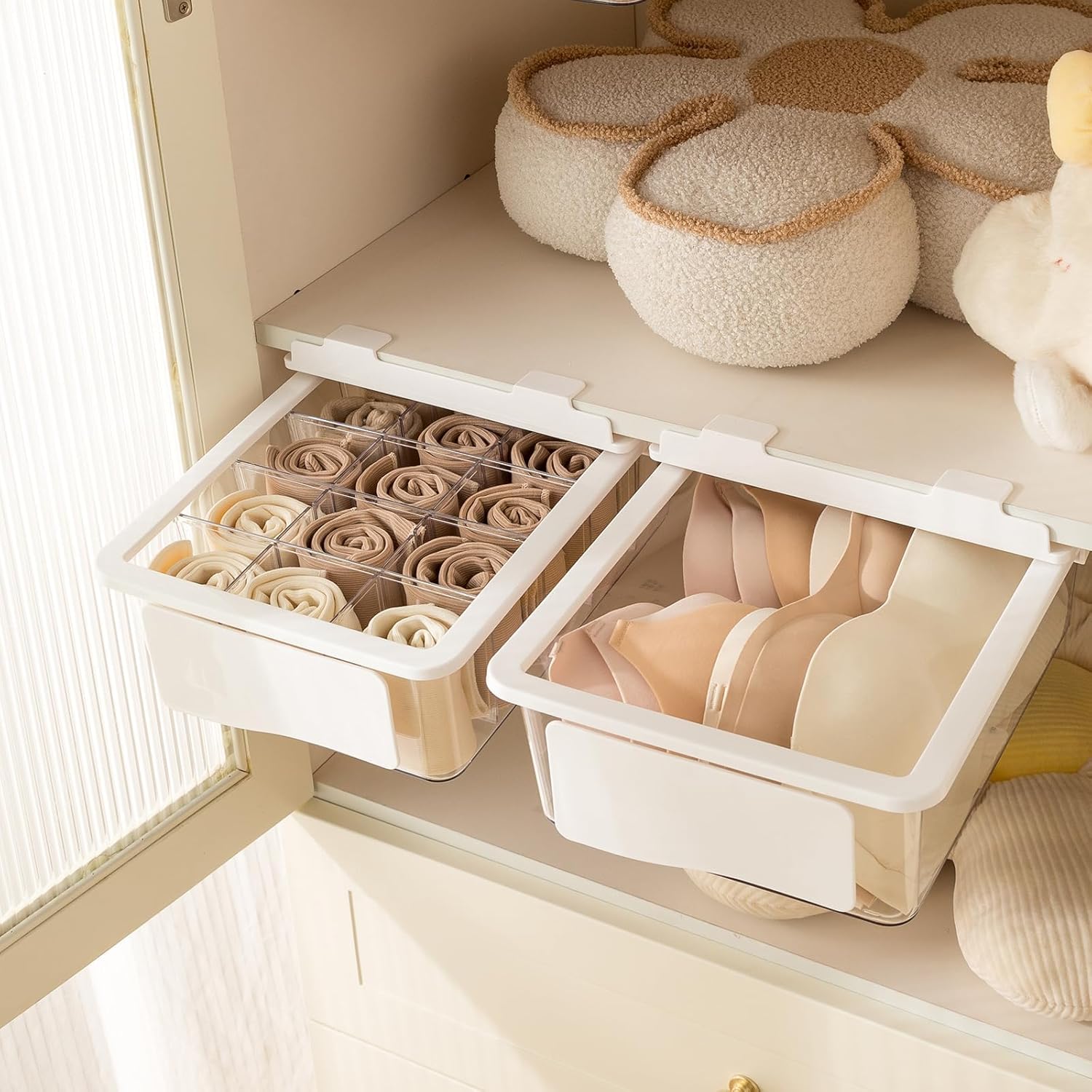 Pull Out Sock Organizer for Closet, 15 Cells Detachable Underwear Drawer Organizer with Slide Rail, Clear Women Drawer Storage for Underwear, Socks, Ties, Belts, Scarf