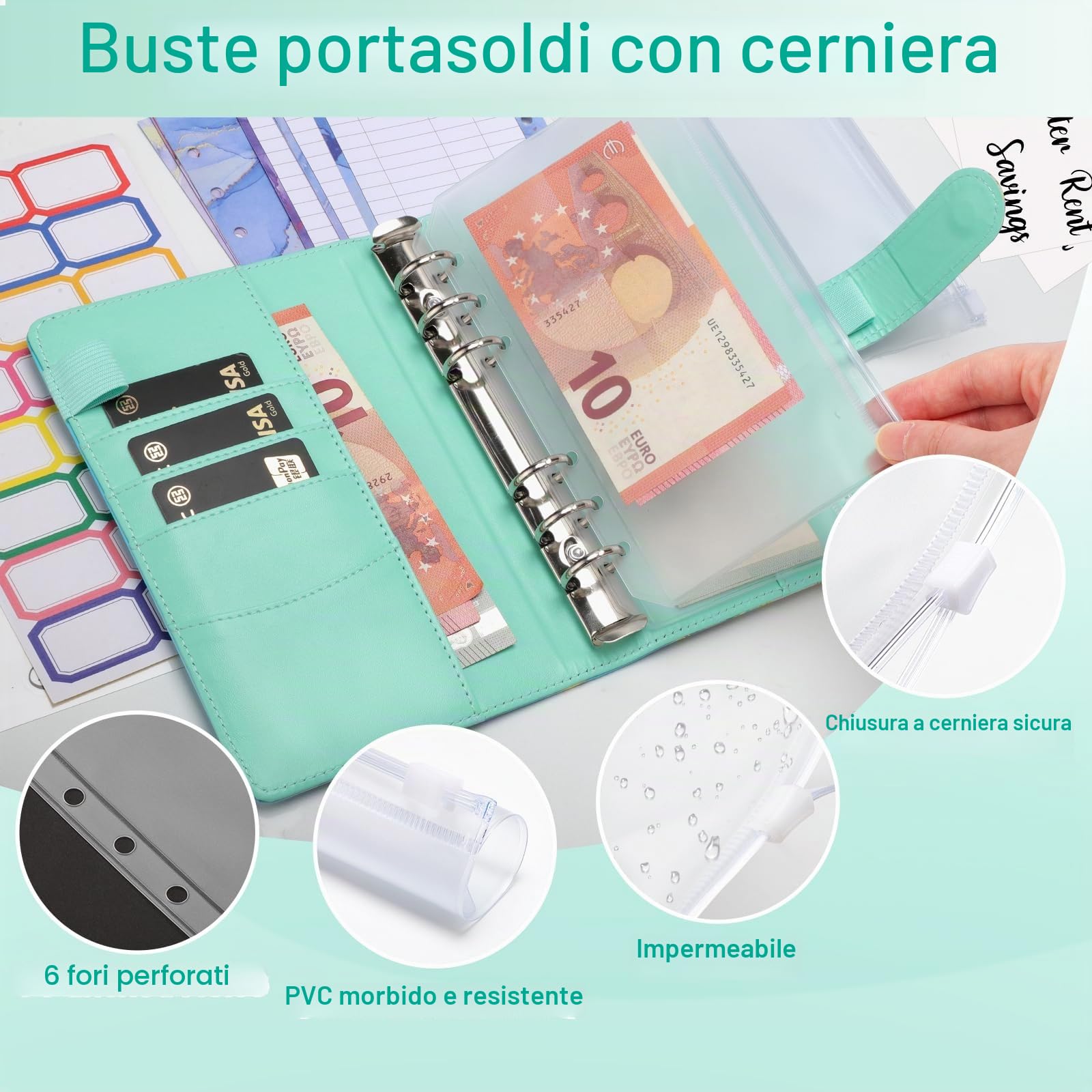 Raccoglitore ad Anelli A6 Budget Binder Pianificatore Risparmio Soldi con Buste e Fogli Bilancio Verde