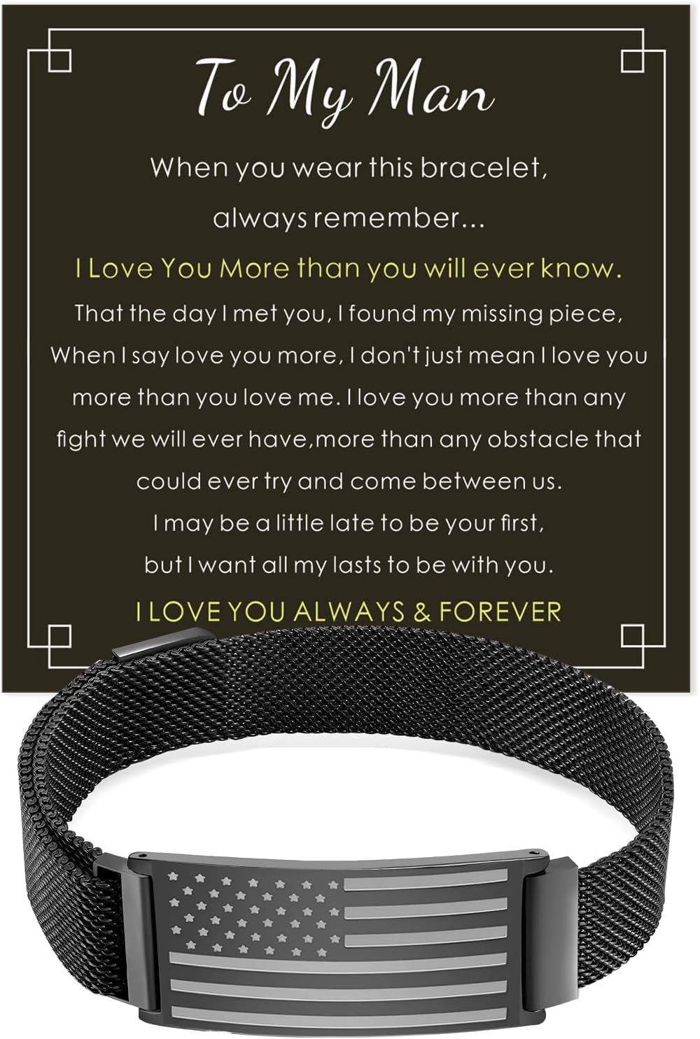 To My Dad Son Husband Man Bracelet, American Flag Bracelets for Men, Black Strap Adjustable Jewelry, Gifts for Valentines Christmas Birthday