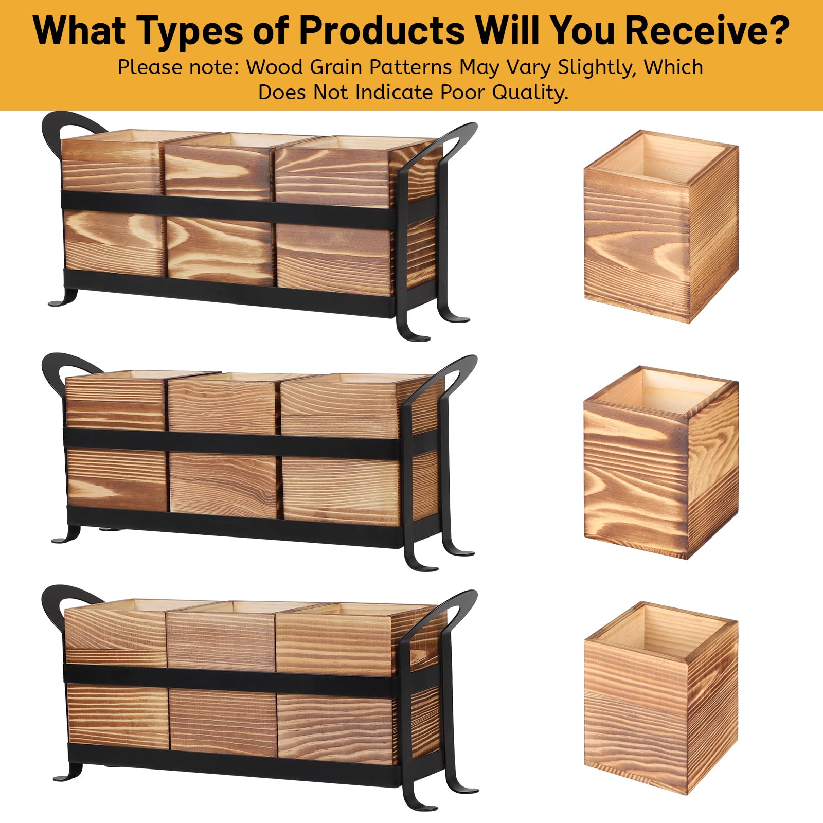 lalago 3-tlg. Besteckkasten Holz Metall, Besteckhalter Holz für Tisch, Holzbesteck Metallgestell, Besteckkorb Löffelhalter, Besteck Tisch Organizer, Besteckständer Esstischdeko für Küchentisch Braun