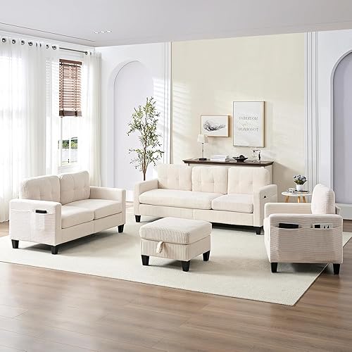 ijuicy 6 Seater Sectional Sofa Set w/Ottoman,3PCS Modern Couch Set with Movable Storage Ottoman & Side Pockets,3 Seat L Shaped Couch Loveseat and Armchair for Living Room Furniture(3+2+1 Seat/Beige)