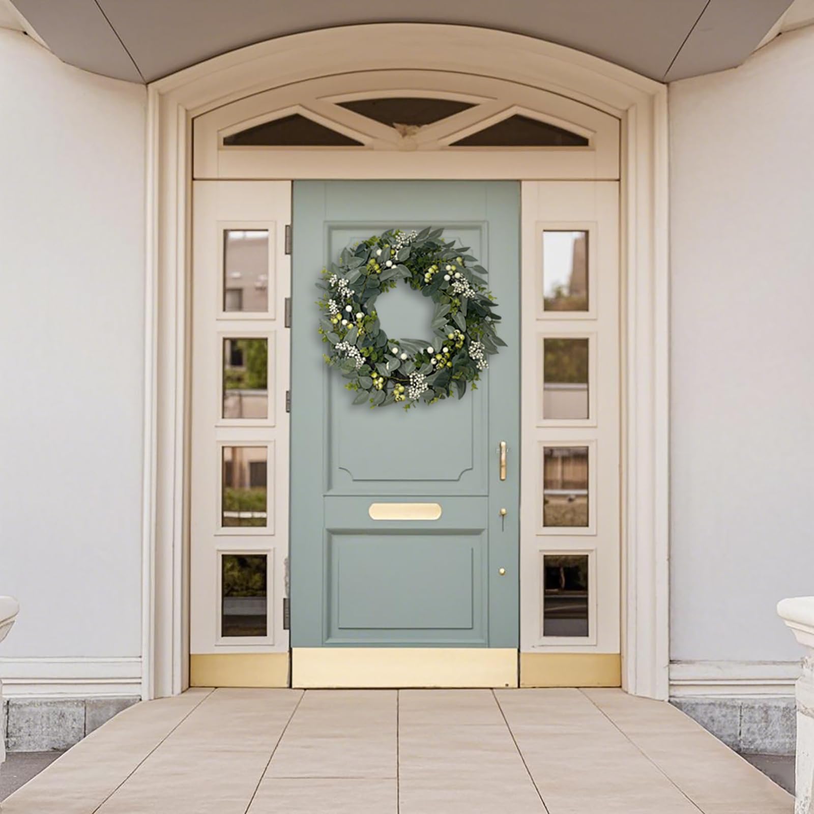 Couronne d'eucalyptus pour porte d'entrée, 50 cm, couronne d'eucalyptus artificielle verte avec baies pour murs, fenêtres, véranda, décoration de fête