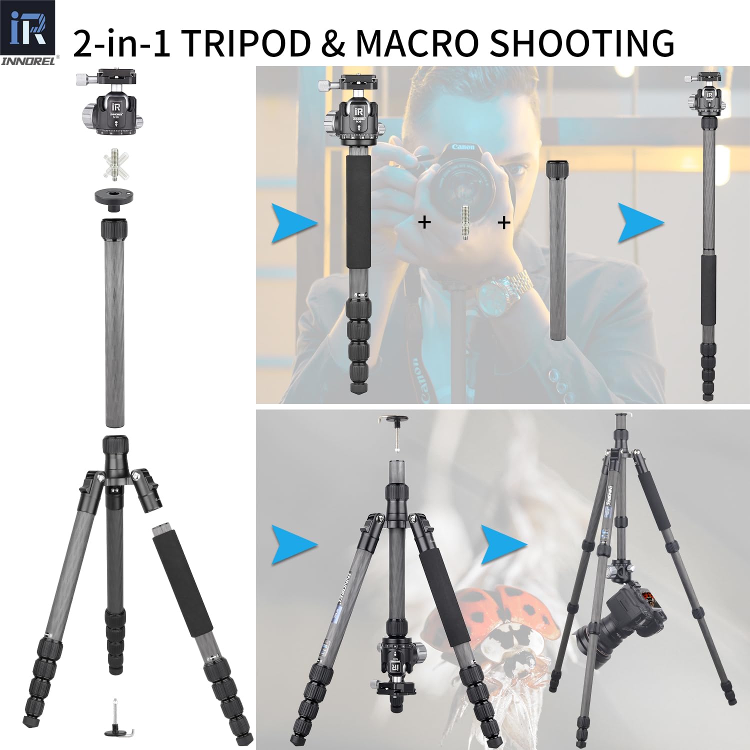 INNOREL 157.5 cm 10 warstw monopod statywu do aparatu z włókna węglowego z 360-stopniową głowicą kulową o niskiej grawitacji, dwie płytki do szybkich butów 1/10.2 cm, torba do przenoszenia lustrzanki