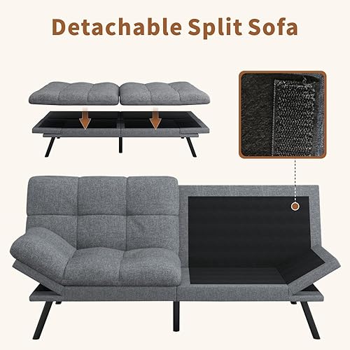 Miniatura 40 de Opoiar Cama con espuma viscoelástica, sofá futón convertible con reposabrazos ajustables, juegos de sofás multifuncionales para apartamento, Gris