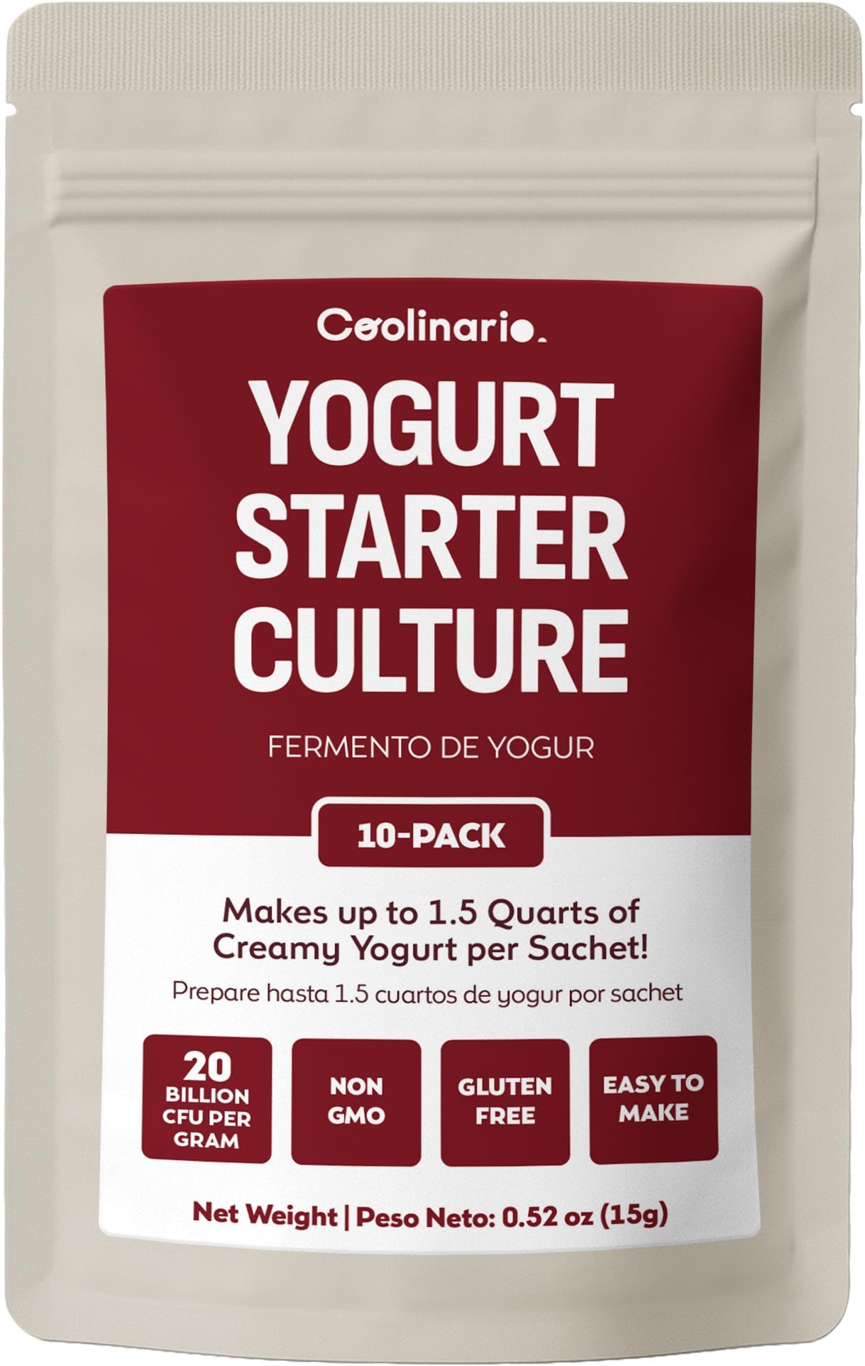 Coolinario Yogurt Starter Culture (10-Pack, 1.5g Sachets) Live Cultures for Homemade Yogurt | Creamy, Thick & Delicious | Regular or Greek Yogurt | Non-GMO, No Preservatives, Gluten Free