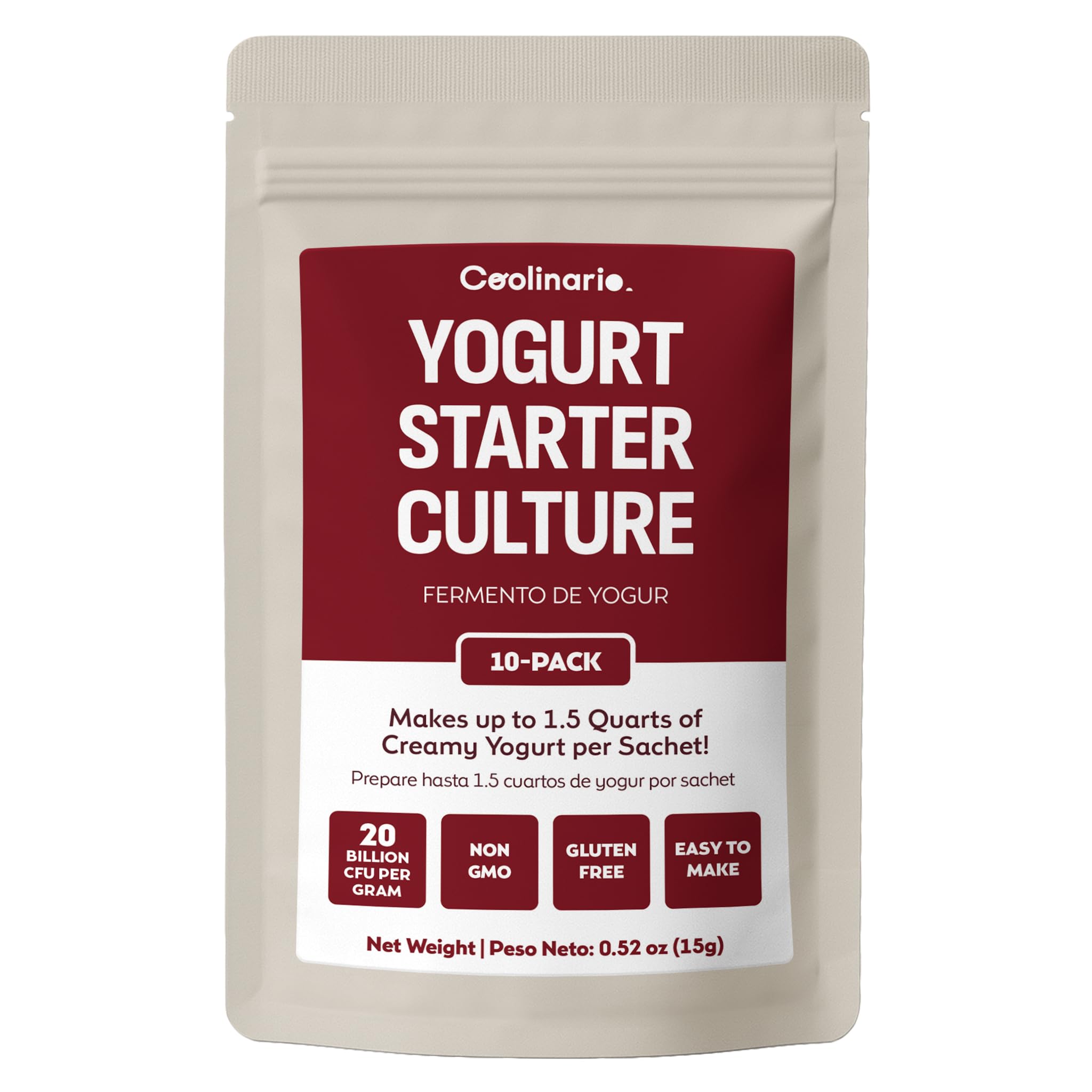 Coolinario Yogurt Starter Culture (10-Pack, 1.5g Sachets) Live Cultures for Homemade Yogurt | Creamy, Thick & Delicious | Regular or Greek Yogurt | Non-GMO, No Preservatives, Gluten Free, Halal & Kosher