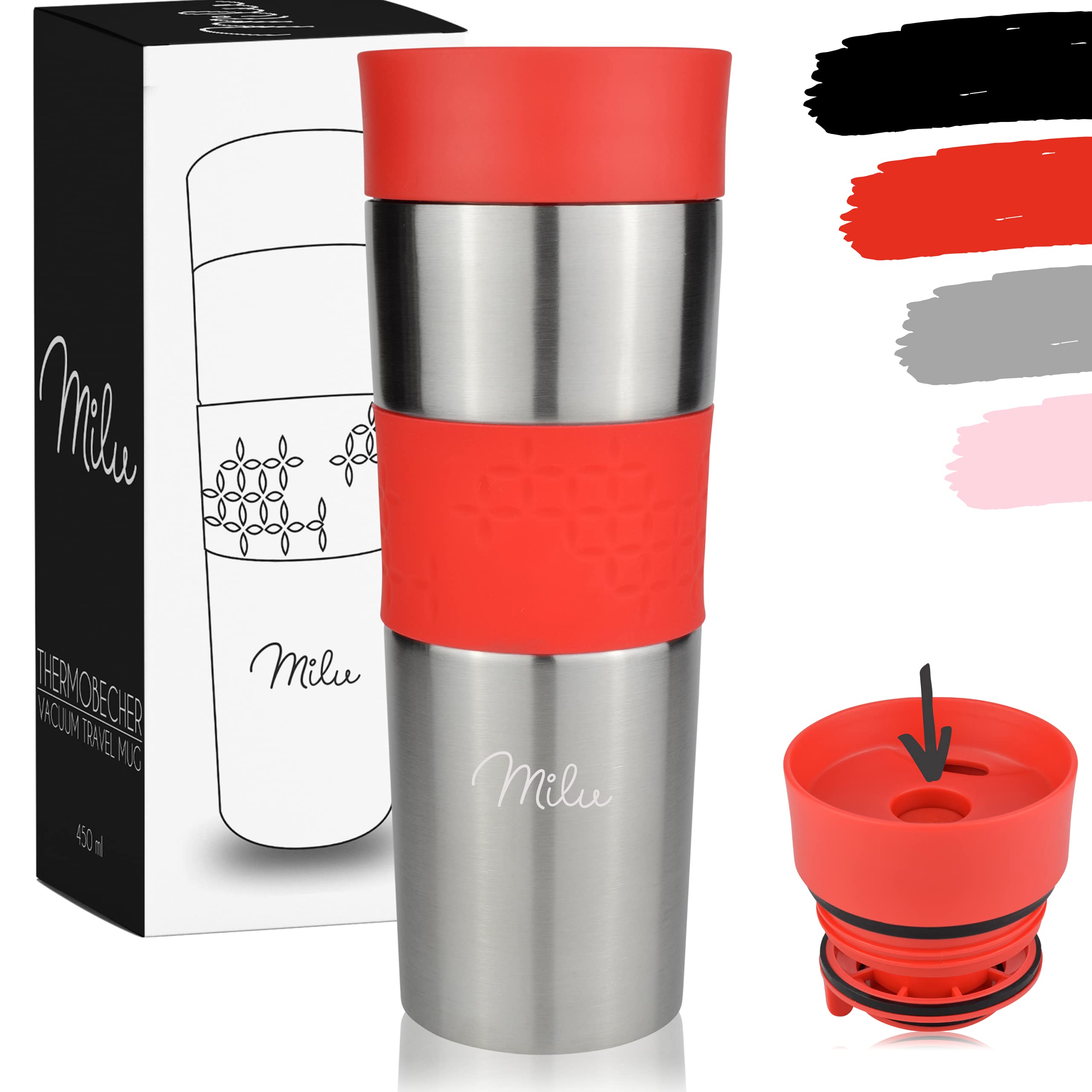 MiluThermo Mug 350ml & 450ml - Insulated Mug Coffee Mug to go, 100% Leak Proof, Drinking Mug Stainless Steel, Car Mug Double Wall Insulation, Thermo Mug, Travel Mug (Red, 450ml)