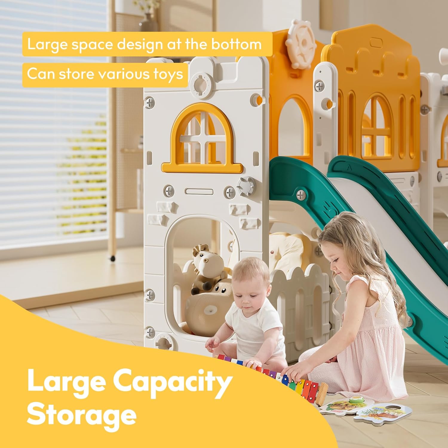 9 in 1 Toddler Slide,Kids Slide Playset for Toddler,Indoor Outdoor Slide Toddler Playset with Ball & Hoop, Storage Space and Non-Slip Steps,Gift for Boys and Girls 1-6 Years (Green Orange)