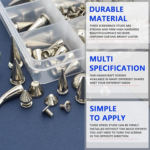 Miniatura 5 de 150 juegos de picos y tachuelas punk, 13 formas de clavos de cono de cuero, remaches góticos con tornillos traseros con herramientas de instalación