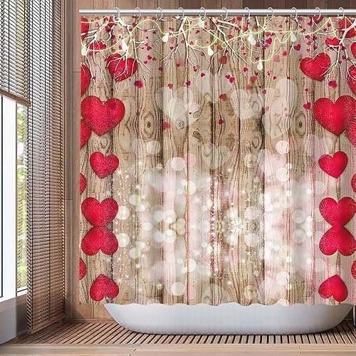 Miniatura 7 de DOTOOMA 72 x 72 pulgadas rojo amor pared lateral de madera femenina cortina de ducha lámpara cuerda bañera suministros primavera día San Valentín