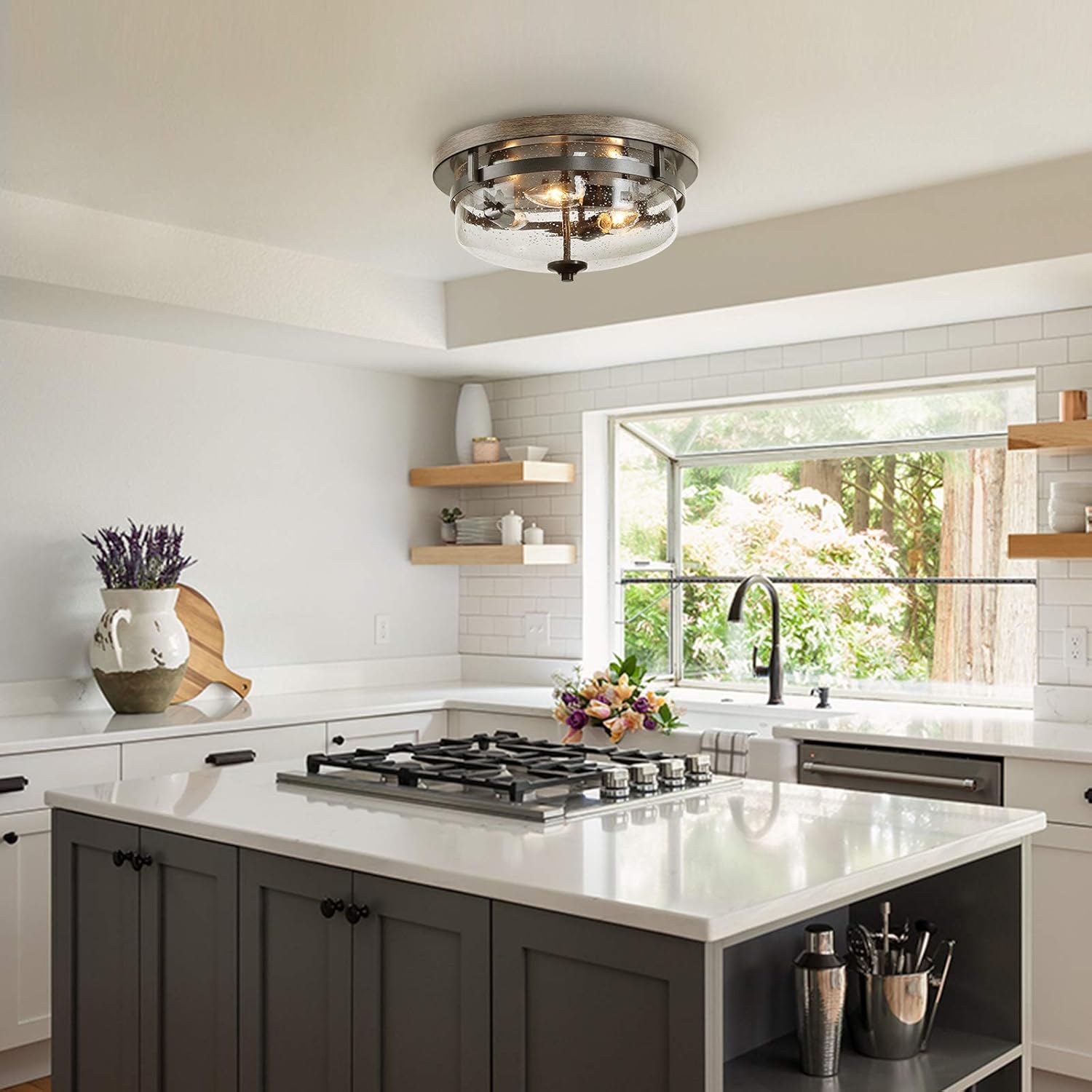 Buy 1 get 1 Flush Mount Ceiling Light, Farmhouse Light Fixtures Ceiling with Faux Wood Finish and Seeded Glass Cover, W13.5x H6.5