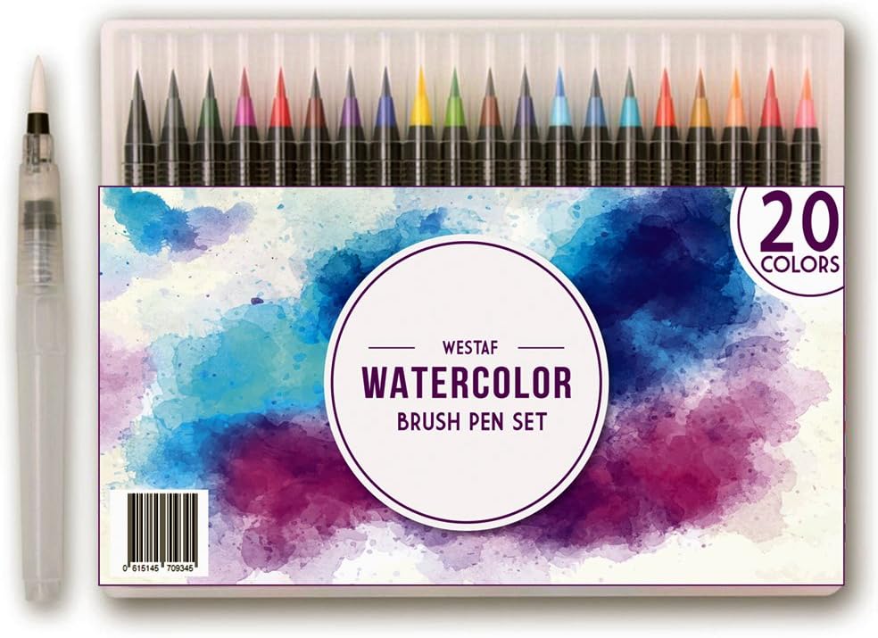 Watercolor Brush Pens Set - 20 Colors | Soft Flexible Tip,Water Brush Pen Markers for Painting and Adult Coloring Books, Art, Calligraphy, Drawing, Writing and More | Water Based Ink, Non-Toxic