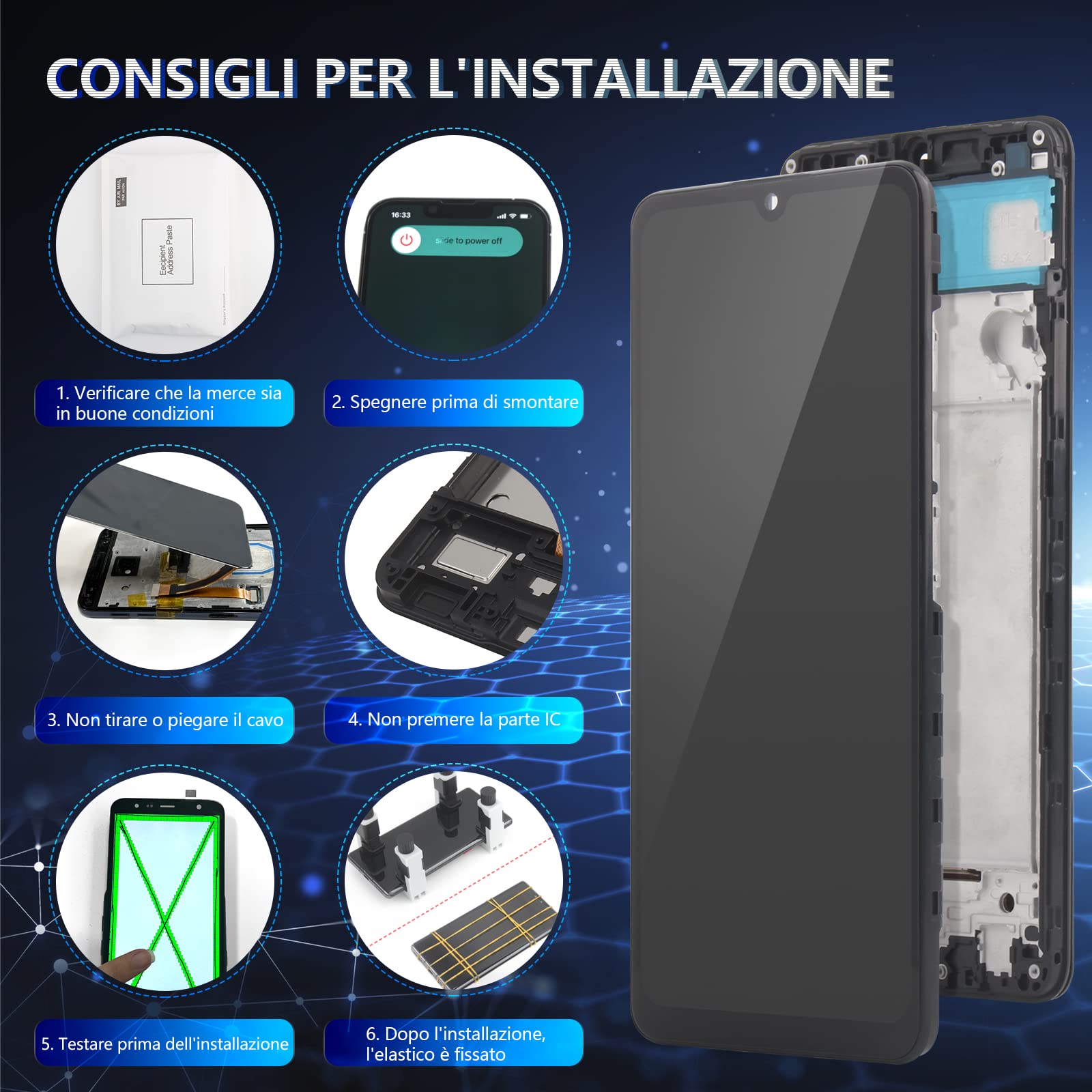RongZy LCD Display per 6.4" Samsung Galaxy A22 4G A225F A225M Schermo LCD Touch Screen Assemblea Sostituzione di Vetro Digitalizzatore con Strumenti(Nero con Cornice)