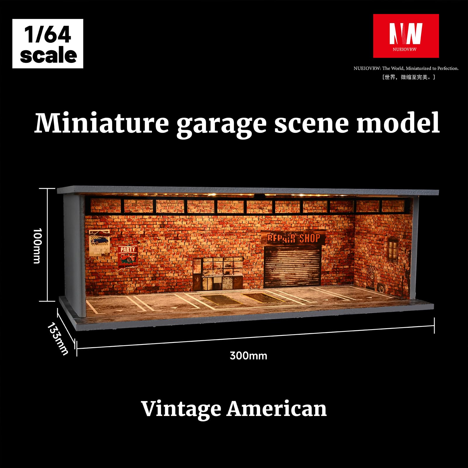 Diorama 1/64 modello auto garage, illuminazione a LED, vetrina per parcheggio, in mattoni rossi, modellini di auto pressofuso, kit modello diorama (garage vintage)