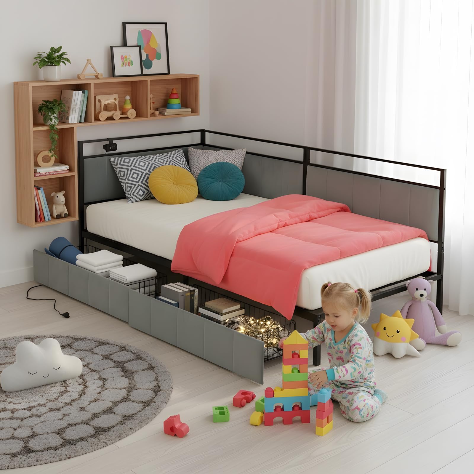 Sofá Cama de 90x200 cm con Luz LED,2 Cajones de Almacenamiento, Cabecero Tapizado en Tela, Puerto USB, Somier de Lamas Metálicas – Cama Individual para Adultos, Niños, Salón o Dormitorio–Gris