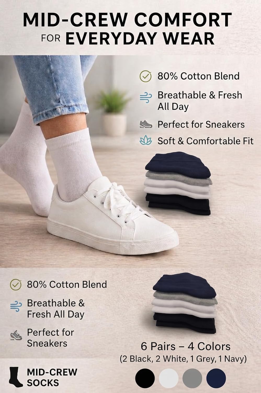 Mid-Crew 80% Turkish Cotton Socks – 6 Pairs, Unisex Premium Everyday Crew Socks, Black White Light Gray Navy