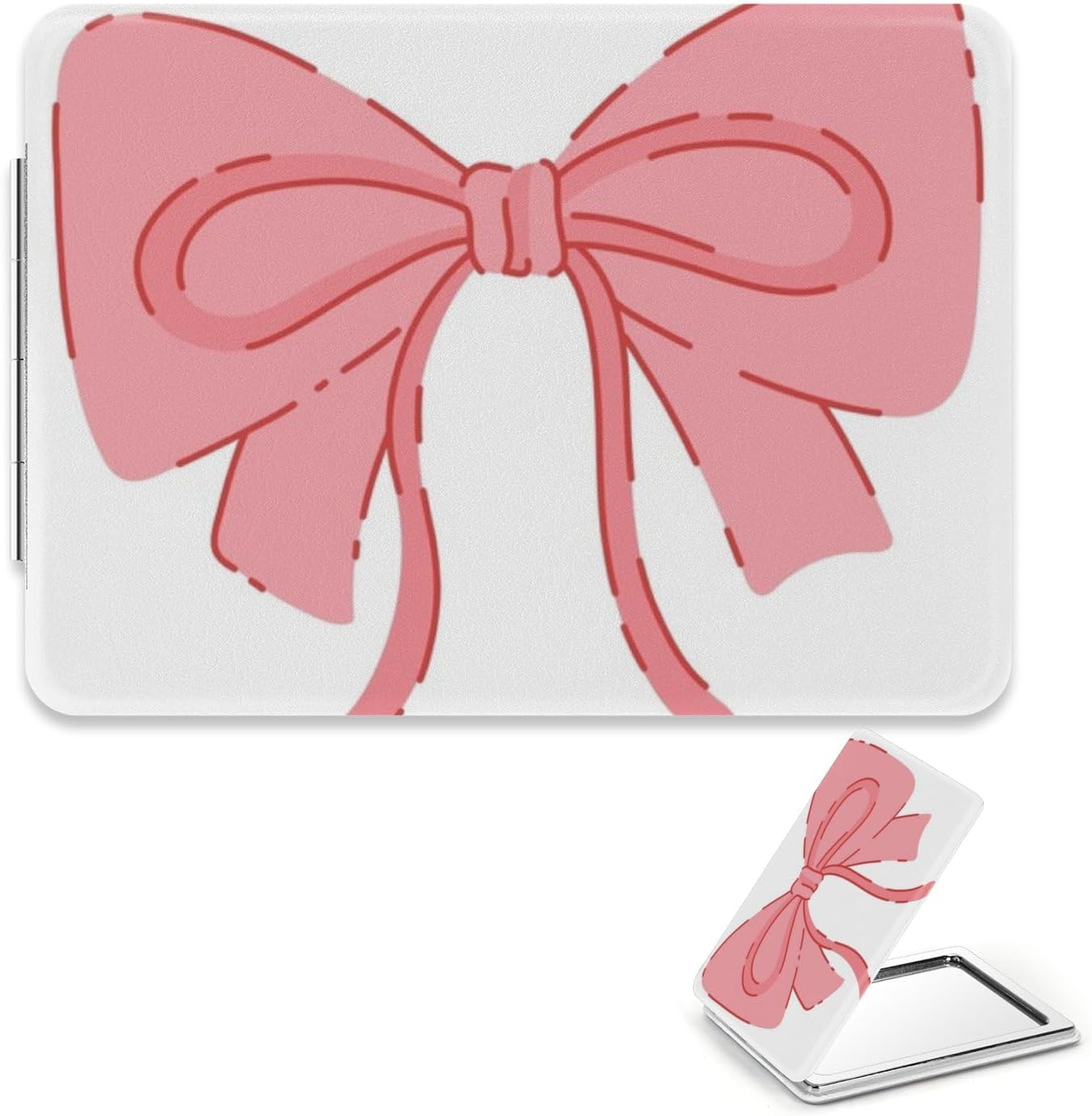 Pink Ribbon Bow Make Up Mirror, 1X/2X Rectangular Face Mirror, Pu Leather Portable Travel Essentials Compact Mirrors, Travel Size Makeup Small Mirrors, Small Gifts, Birthday Gifts for Girls