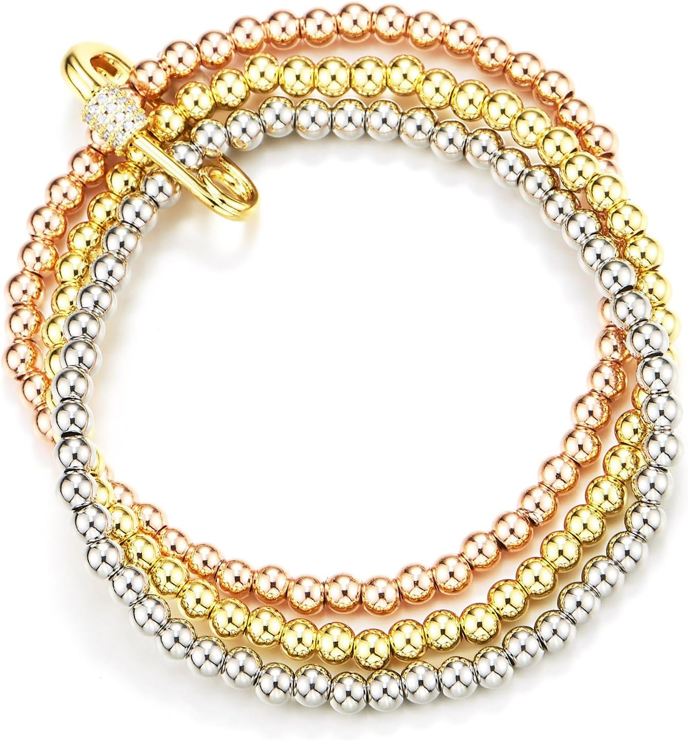 COOLSTEELANDBEYOND Women Tri-Tone Beads Bracelet 18K Gold-Plated Silver 18K Rose-Gold-Plated, Three-Strand with Cubic Zirconia Toggle Clasp