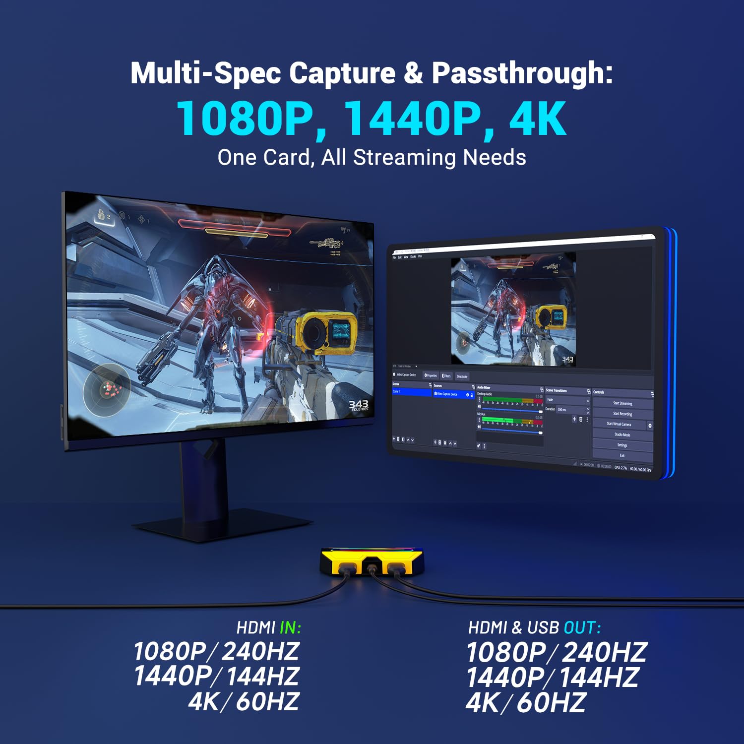 BlueAVS Tarjeta de captura de video HDMI para transmisión de juegos, 4K 60Hz HDR VRR ALLM Passthrough, 1080P 240Hz, tarjeta de captura externa USB-C para PS5, Xbox Series X/S, Switch, compatible con