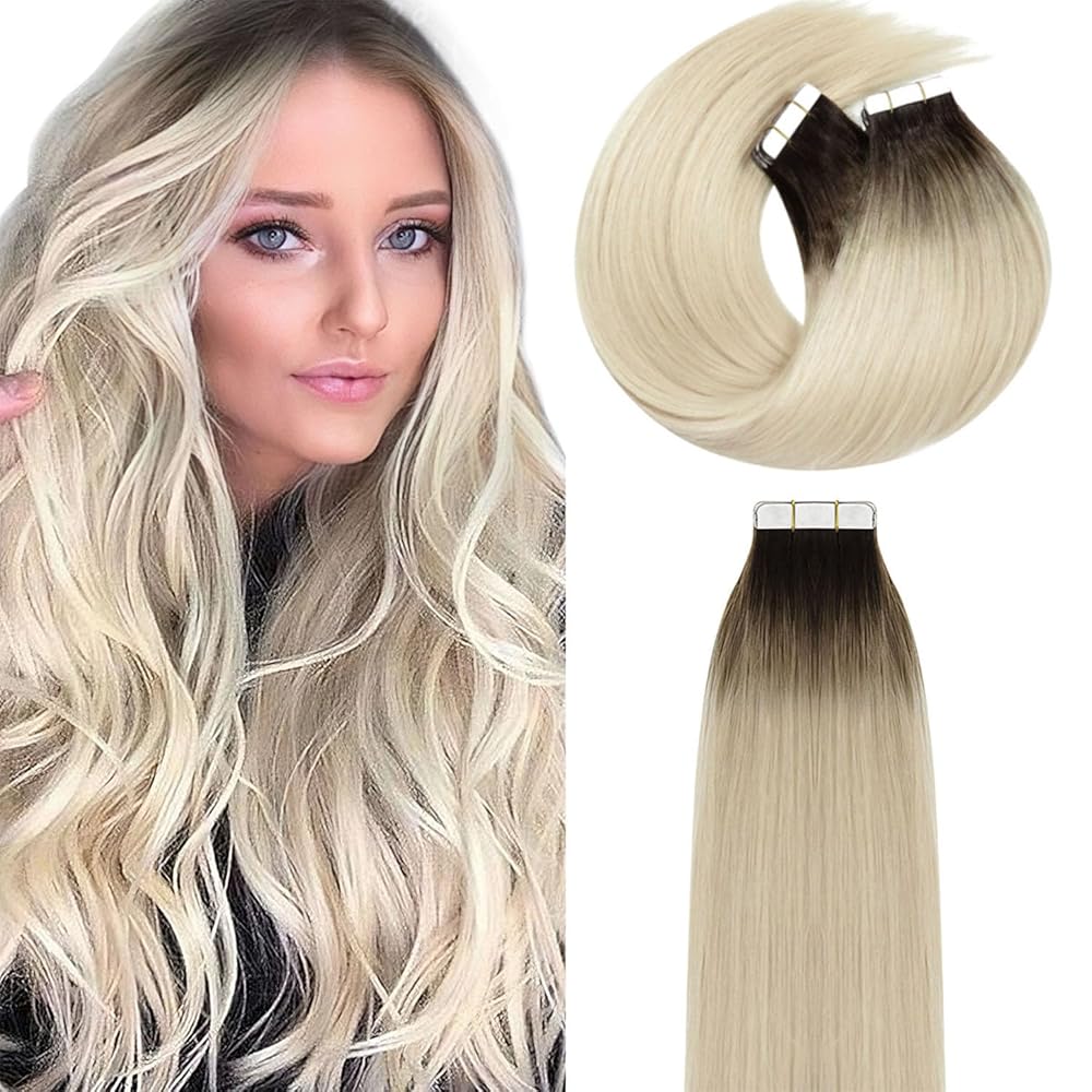 Lacer Tape in Hair Extensions Real Human Hair - Natural Rooted Darker Brown to Platinum Blonde Hair Extensions Tape ins - Double Side Seamless PU Skin Weft - 50g, 20pcs/set, 16 Inch