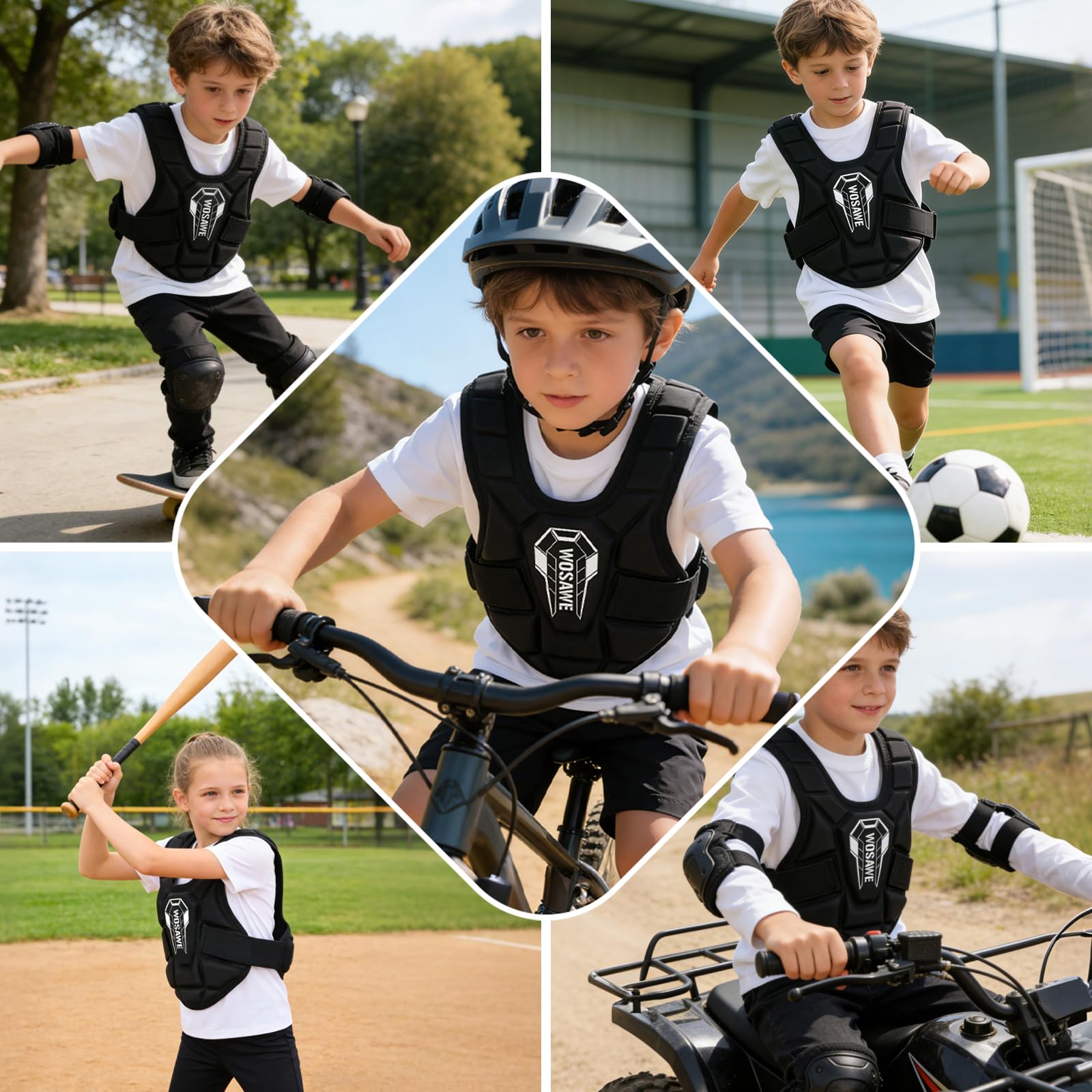 WOSAWE Gilet Sportif Enfant, Haut Respirable Rembourré pour Cyclisme, Trottinette, Snowboard et Football, Noir