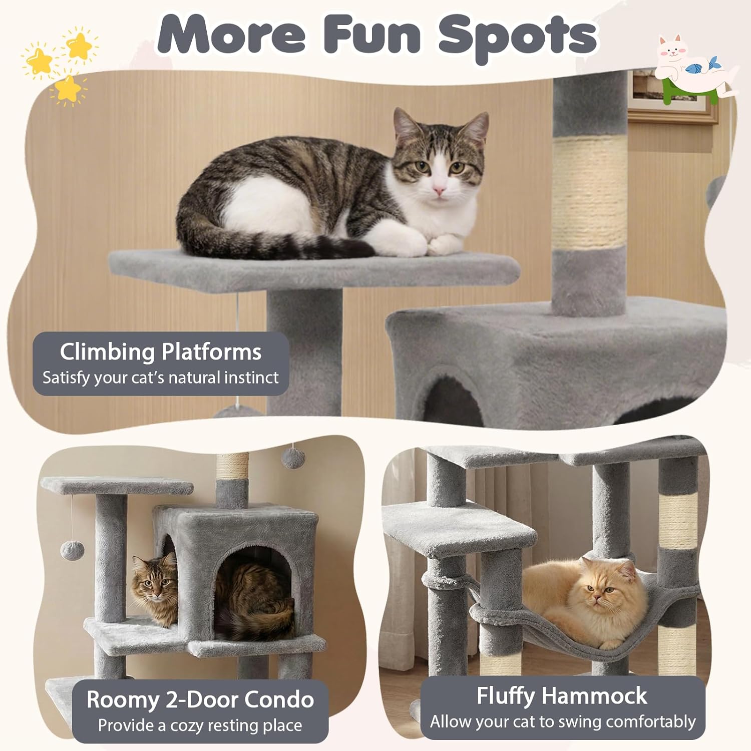 Tangkula Cat Tree Tower, 44 Inch Multi-Level Cat Tower with Sisal Scratching Posts, 2-Door Condo, Padded Top Perch & Hammock, 2 Hanging Balls, Jumping Platforms for Indoor Cats (Light Gray)