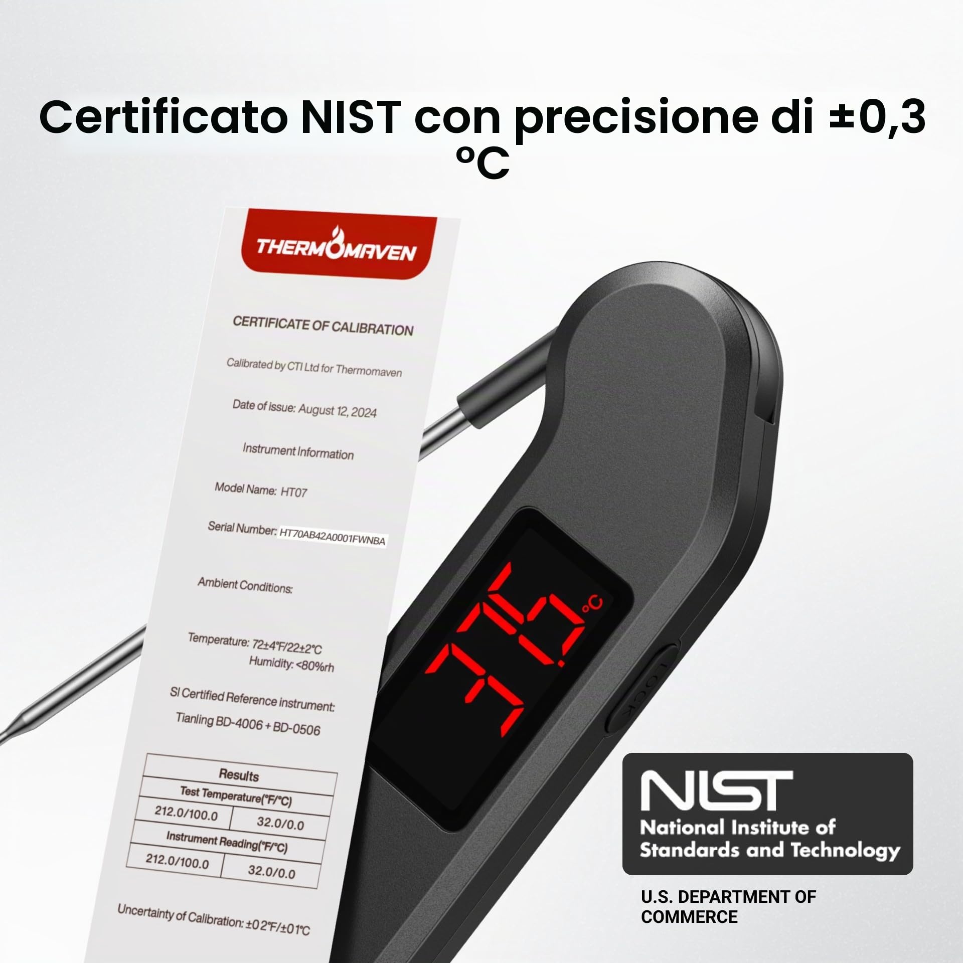 ThermoMaven Termometro Cucina Cottura - Lettura Istantanea 1s, ±0,3℃ Preciso Certificato NIST, Impermeabile IP65, Termometro con Magnete per Frigo, Schermo Grande Ambidestro, Sonda per Temperatura per