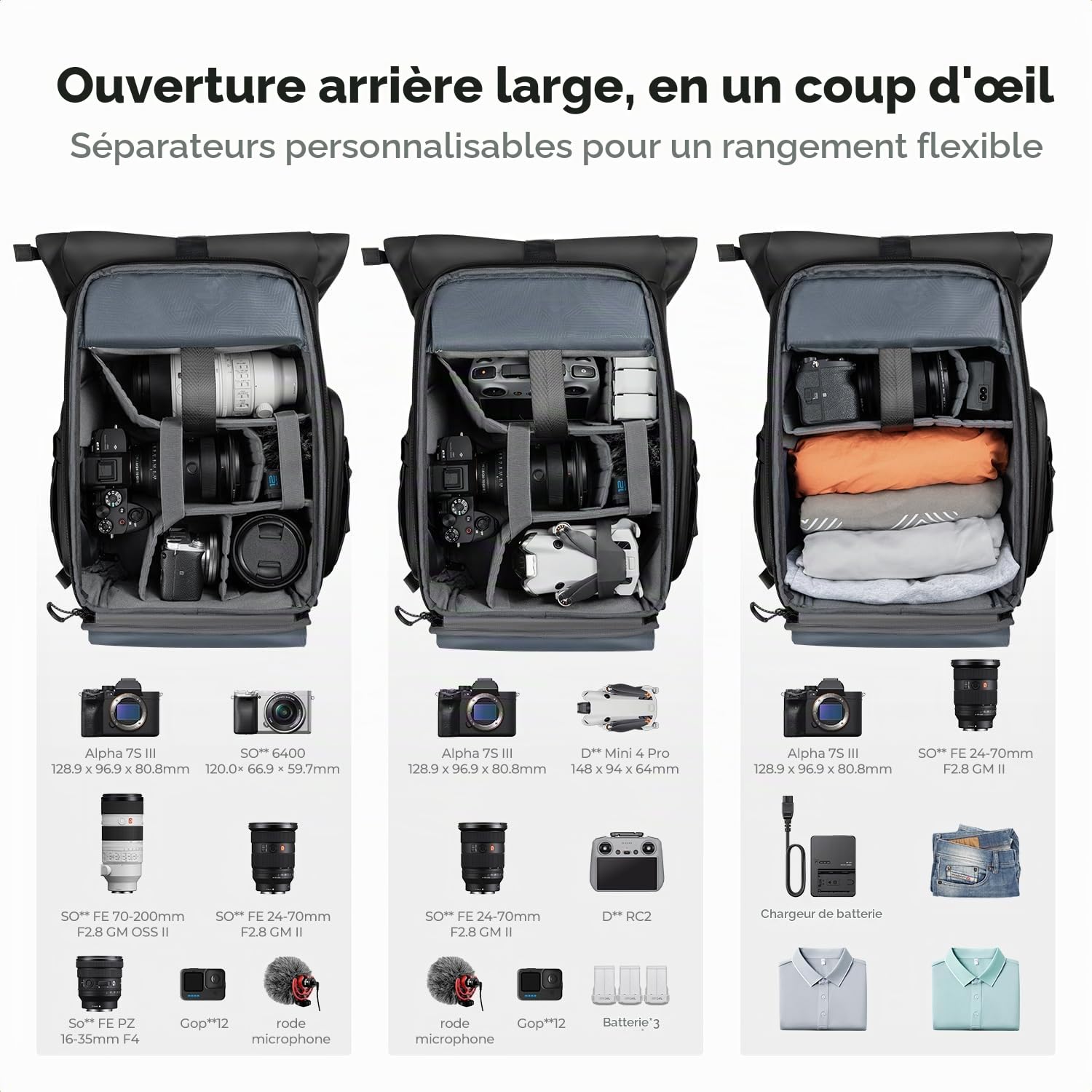 K&F CONCEPT Sac à Dos pour Appareil Photo | Sac à dos extensible avec compartiment pour ordinateur portable de 15,6", housse de pluie, sac pour objectif-B11