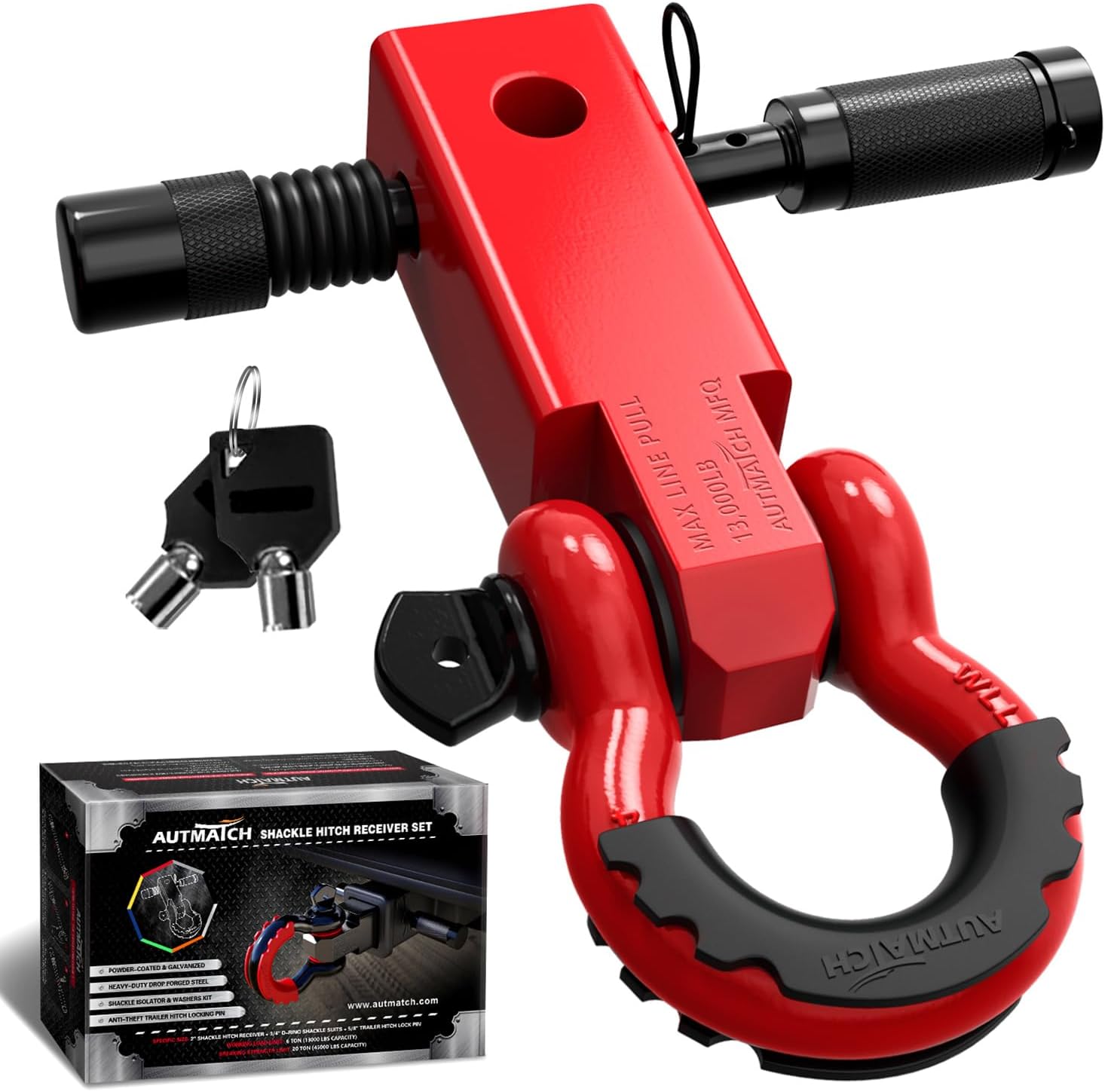 AUTMATCH Shackle Hitch Receiver 2 Inch - 3/4" D Ring Shackle and 5/8" Trailer Hitch Lock Pin, 45,000 Lbs Break Strength Heavy Duty Receiver Towing Kit for Off-Road Vehicle Recovery, Red
