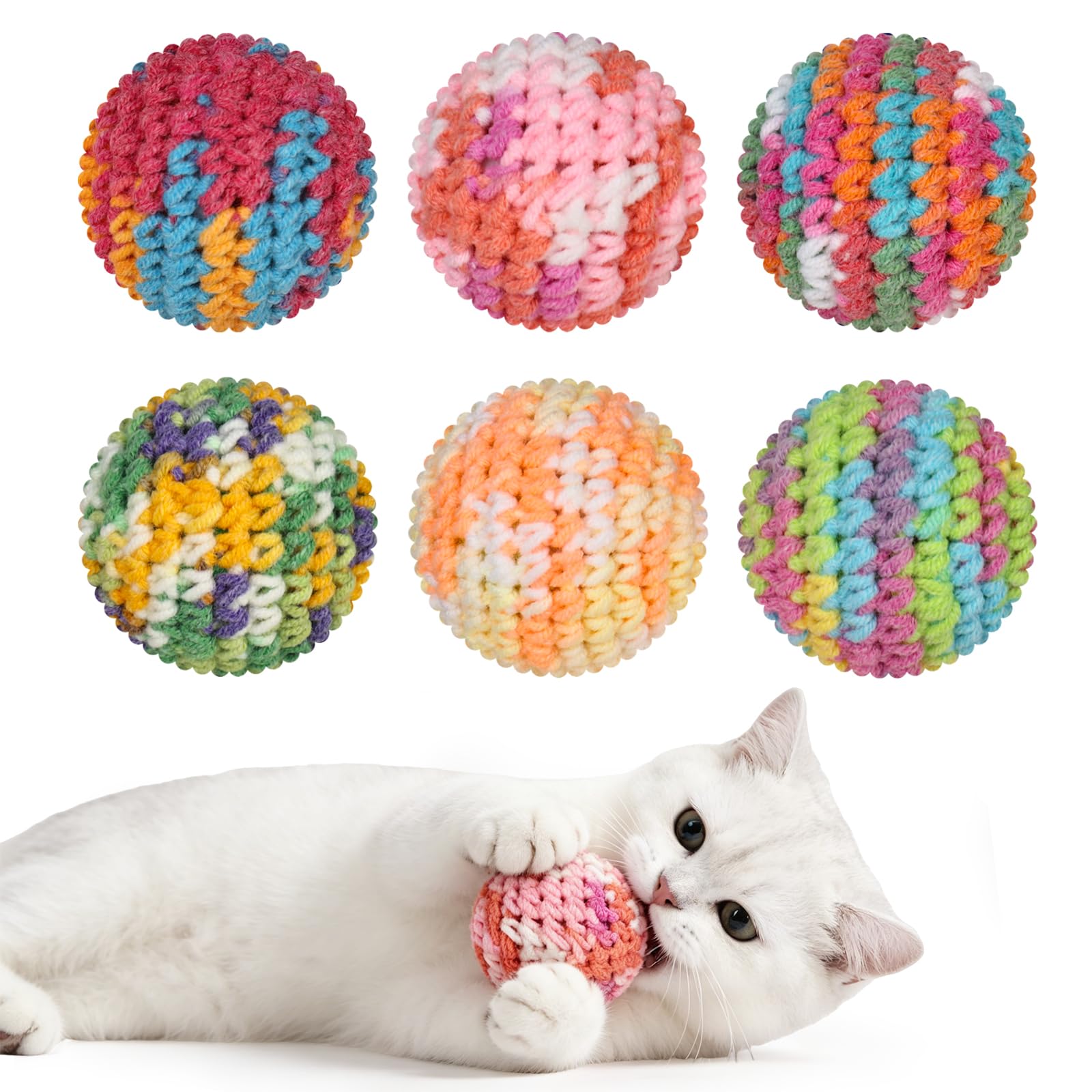 Hbzunt 6 Pack Hand-Knitted Cat Toys,Colorful Interactive Pom Poms Cat Balls
