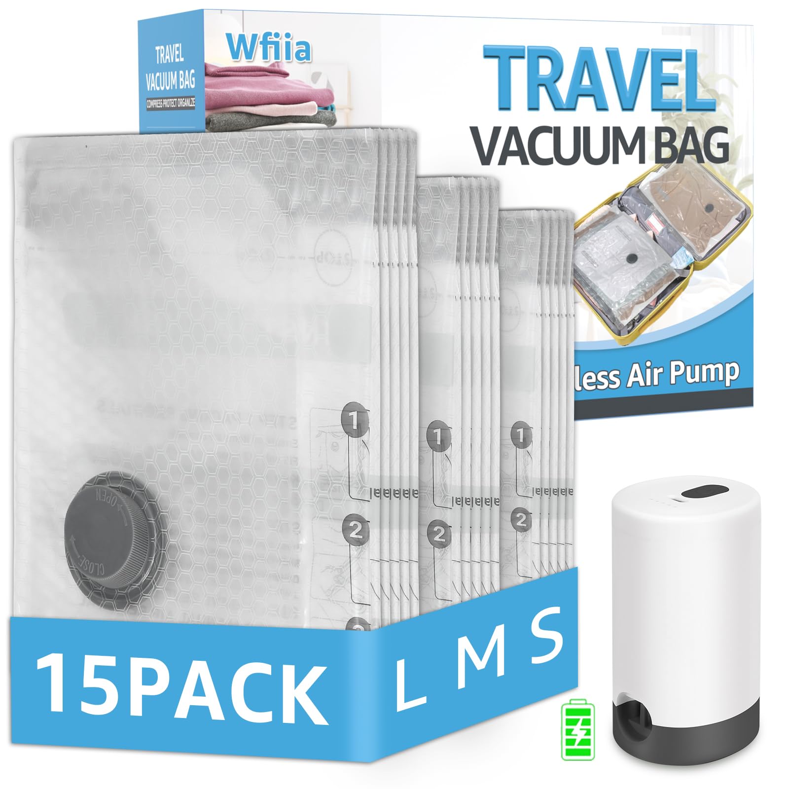 Photo 1 of 15 Packs Vacuum Bags for Travel with Rechargeable Pump, 3 Sizes Vacuum Seal Bags for Clothing, Compression Vacuum Travel Bags for Luggage, Vacuum Packing Bags for Closet Organization