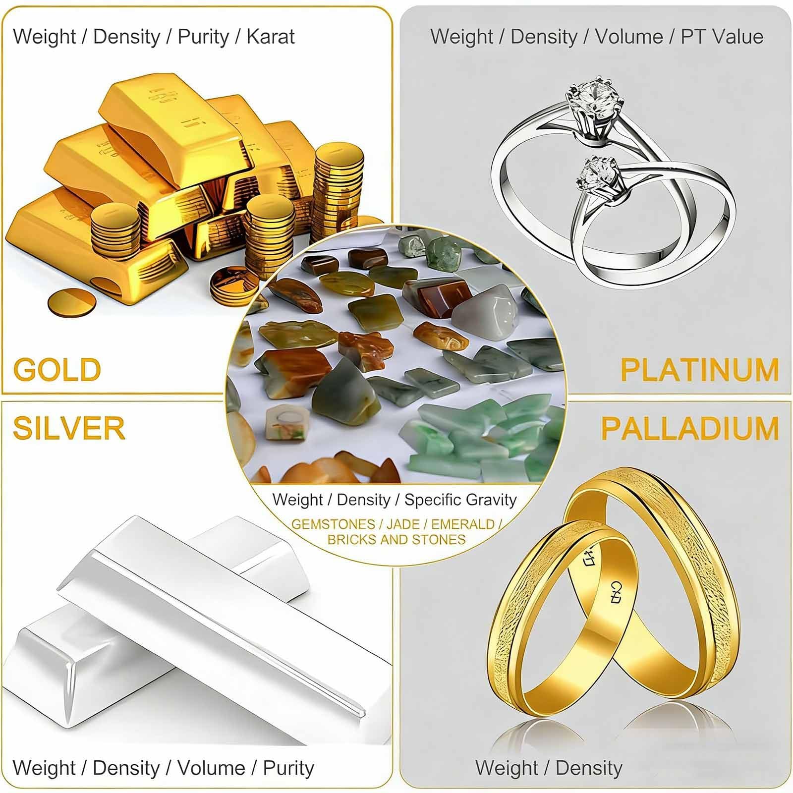 Rilevatore di Purezza Oro, Misuratore K Oro, Tester Densità Oro Argento 1200g