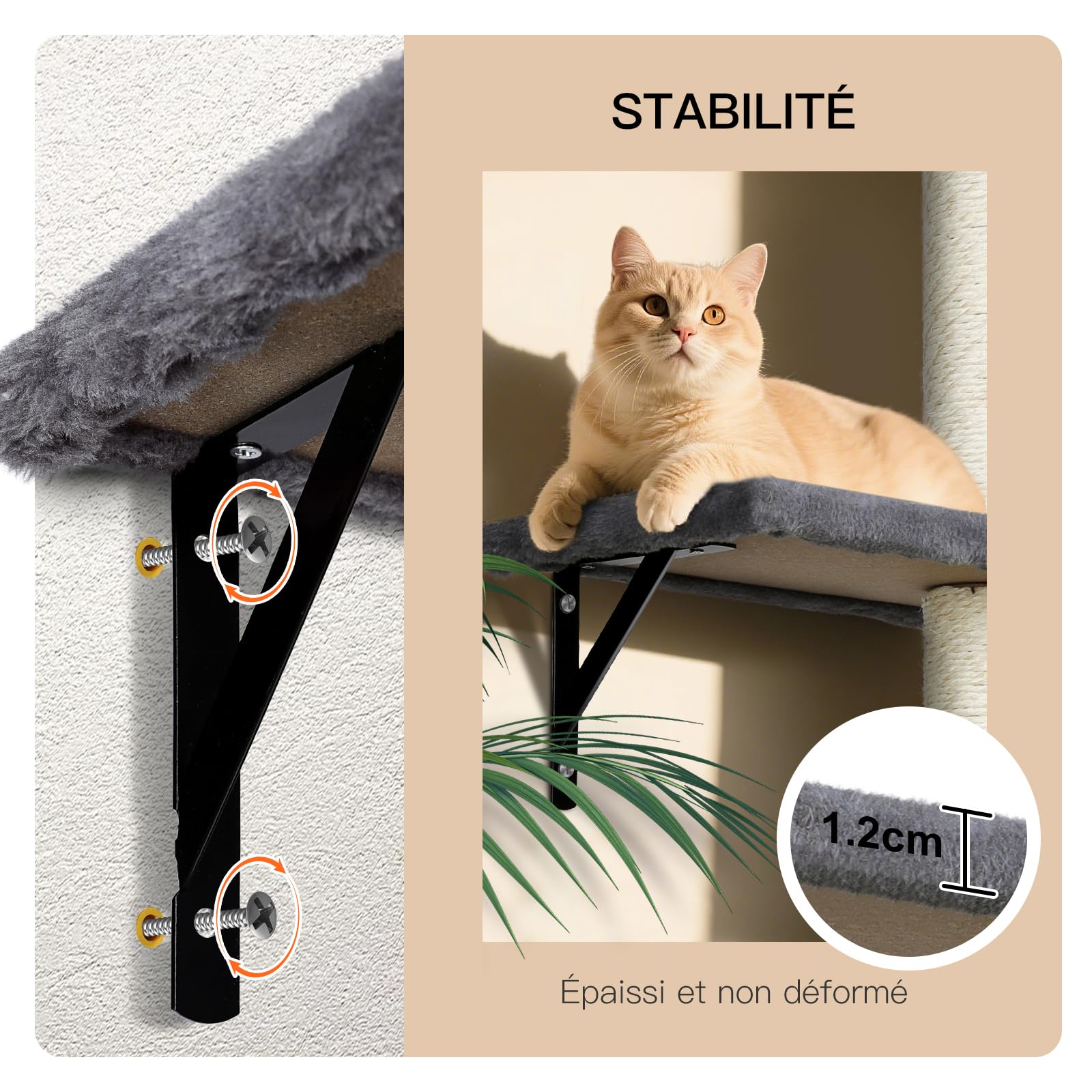 Zvonema Mensole da parete per gatti, set da arrampicata per gatti, confortevoli pareti in peluche con tiragraffi, albero per gatti da parete stabile per interni grandi e piccoli fino a 10 kg, grigio