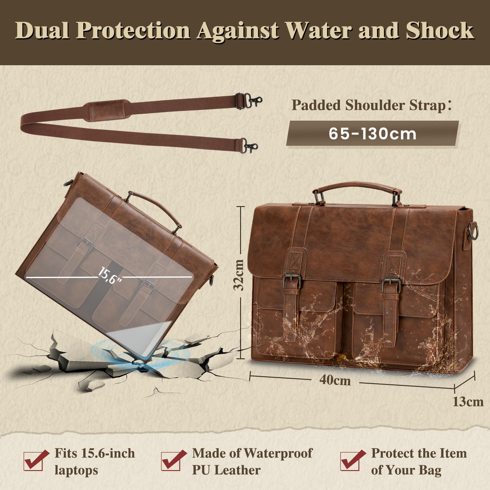 RAINSMORE Maletin Portatil 15,6 Pulgadas Piel PU Bolso de Mensajero Impermeable Bandolera Hombre Grande para Trabajo Negocios Marrón