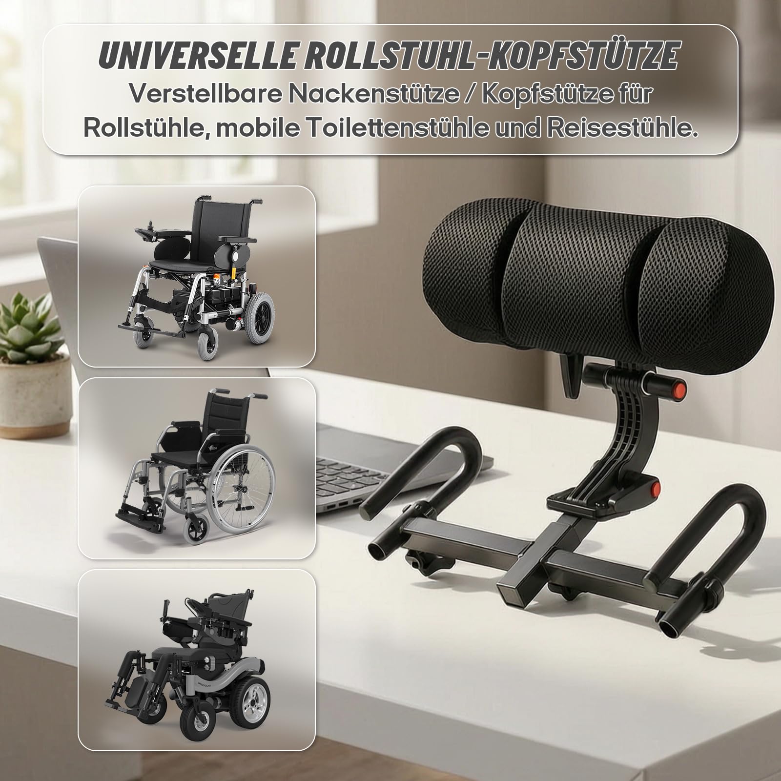 Zagłówek do wózka inwalidzkiego, PU i stal, regulowana poduszka pod kark, wysokość 38-52 cm, do wózków inwalidzkich o średnicy 22 i 25,4 mm, uniwersalna podpórka pod kark