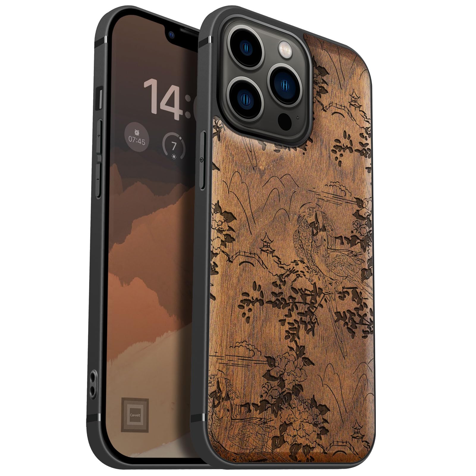 Carveit Magnetic Wood Case for iPhone 13 Pro Case [Natural Wood & Black Soft TPU] Unique Wooden Shockproof Protective Cover Compatible with magsafe (