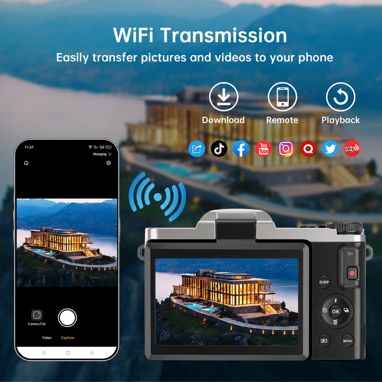 Fotocamera Digitale 4K WiFi, 64 MP Autofocus, Zoom 16X | Schermo ribaltabile da 3 pollici a 180°, scheda 32GB, base di ricarica e 2 batterie per vlog e viaggi