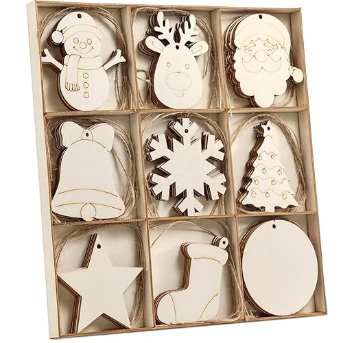Wohohoho 45Pcs Unfinished Paintable Blank Wooden Christmas Ornaments with Tray,