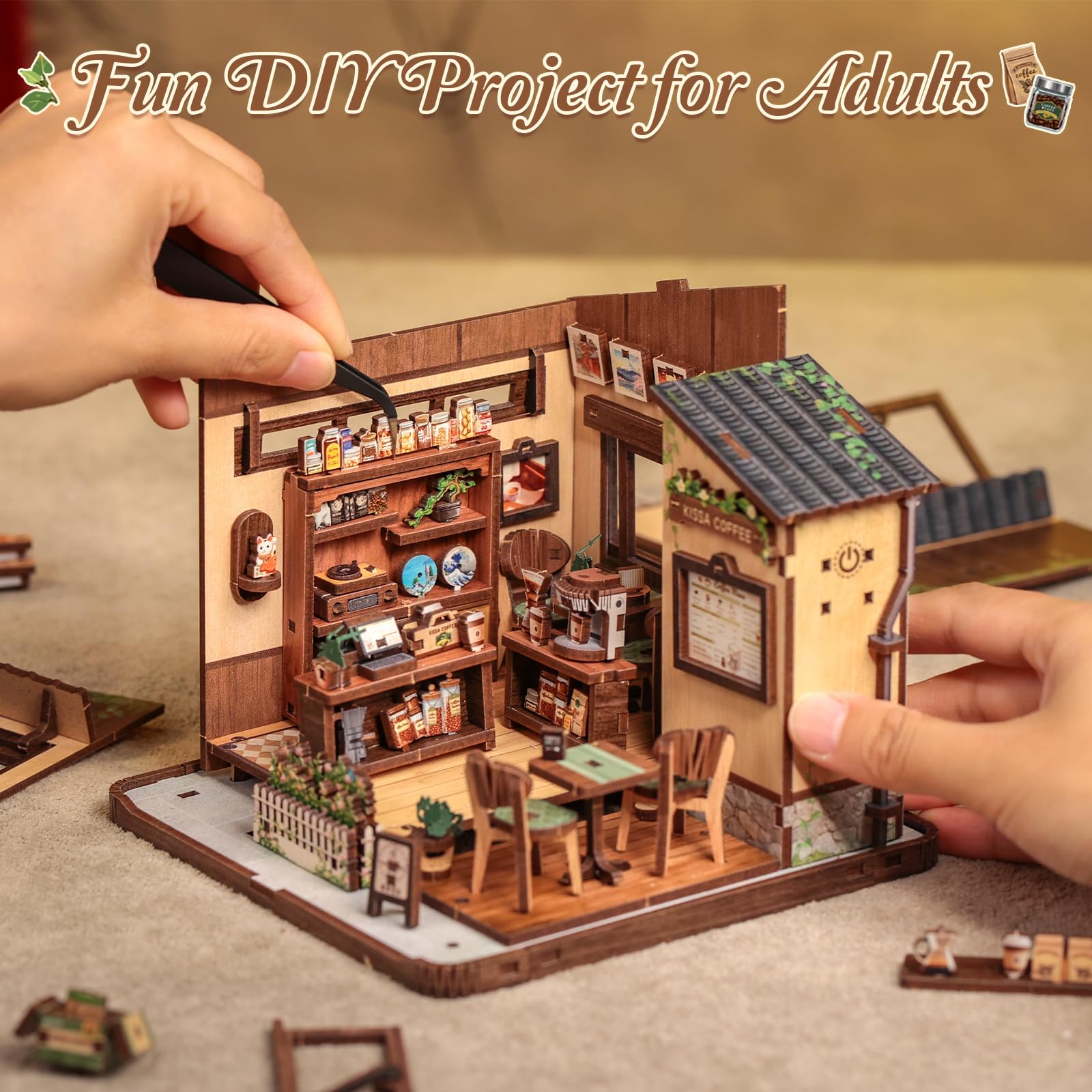 Fsolis Zestaw drewnianych puzzli 3D, miniaturowy dom japoński, japoński zestaw do domku dla lalek, dekoracja regału na książki, redukcja stresu, prezent dla dorosłych